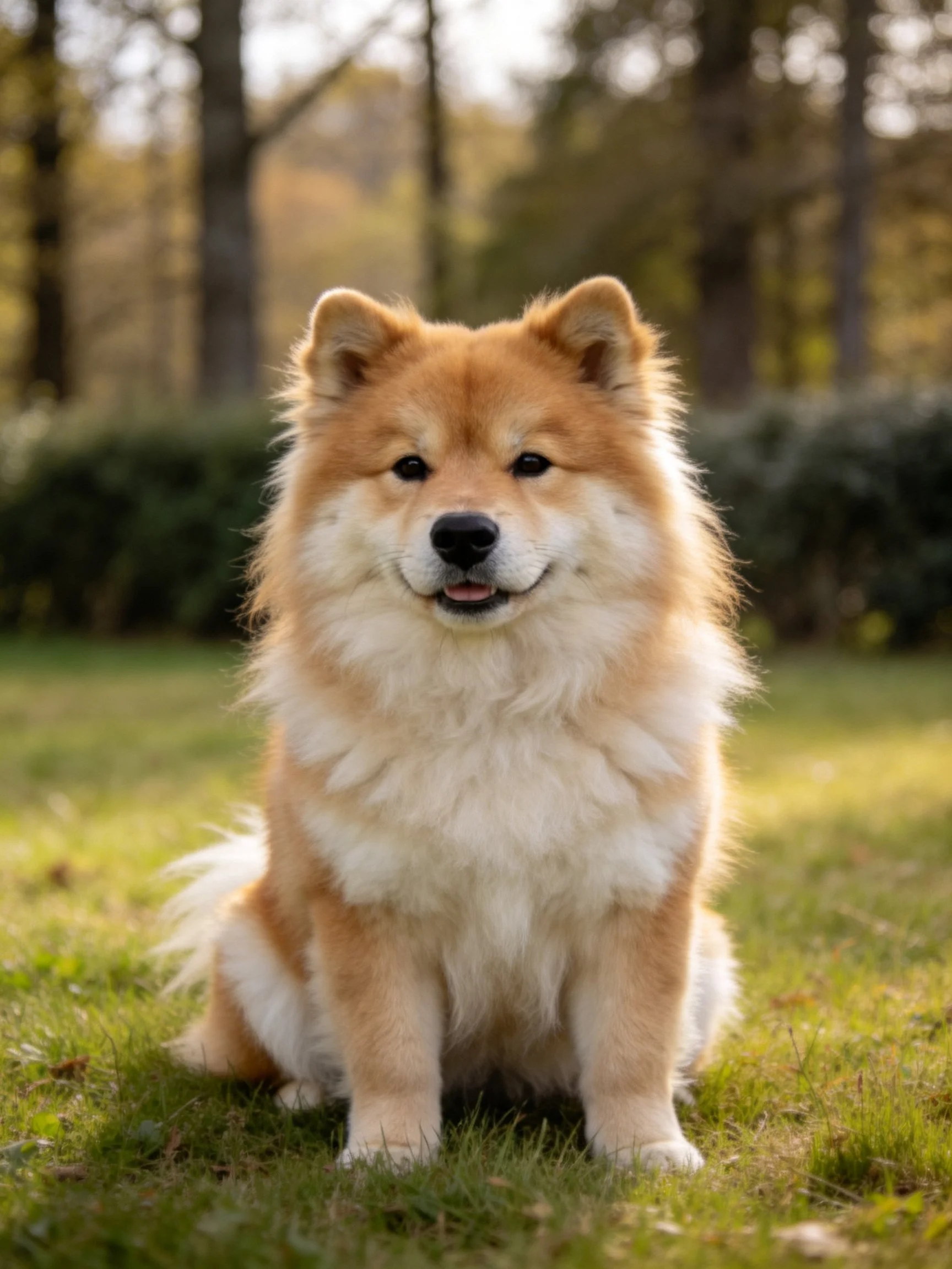 A fluffy tan-and-white dog sits calmly on grass in a wooded outdoor space.