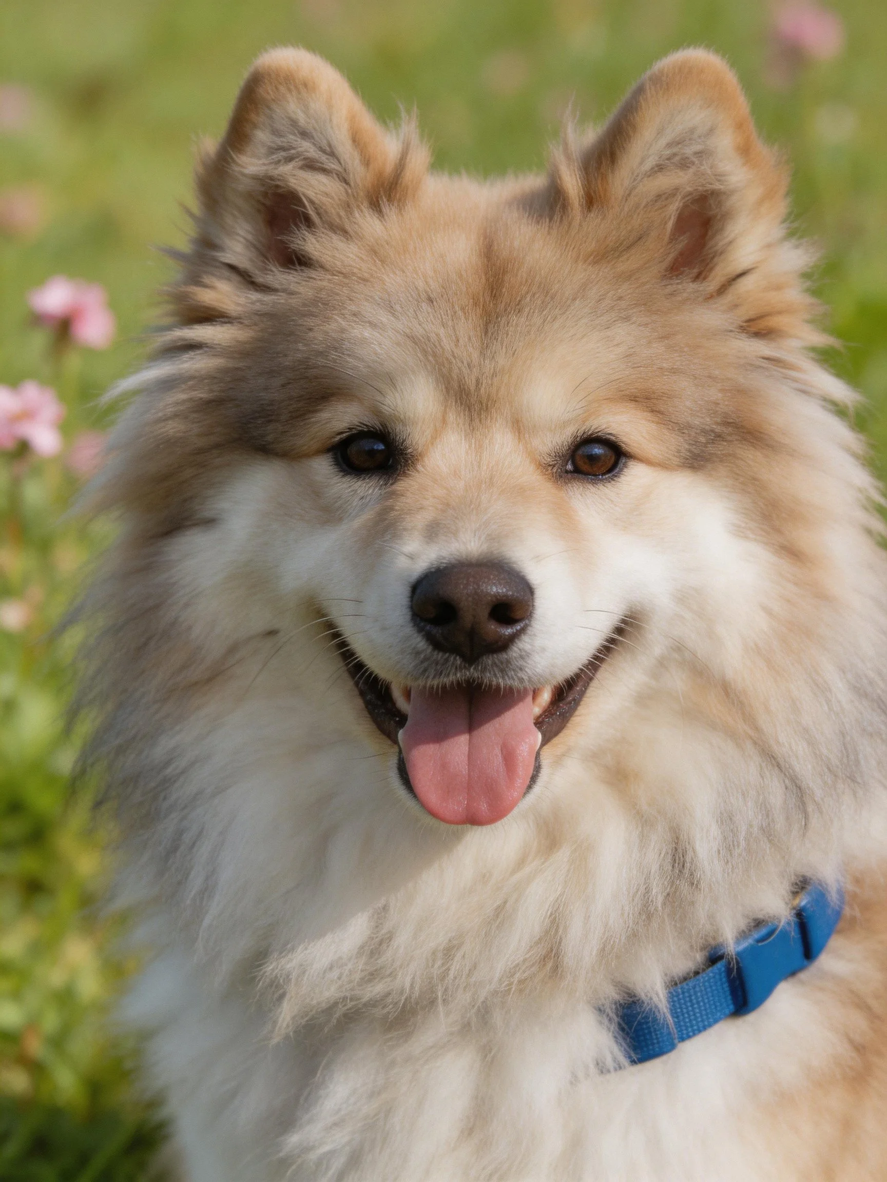 A fluffy tan and white dog with a blue collar enjoys an outdoor space with flowers.