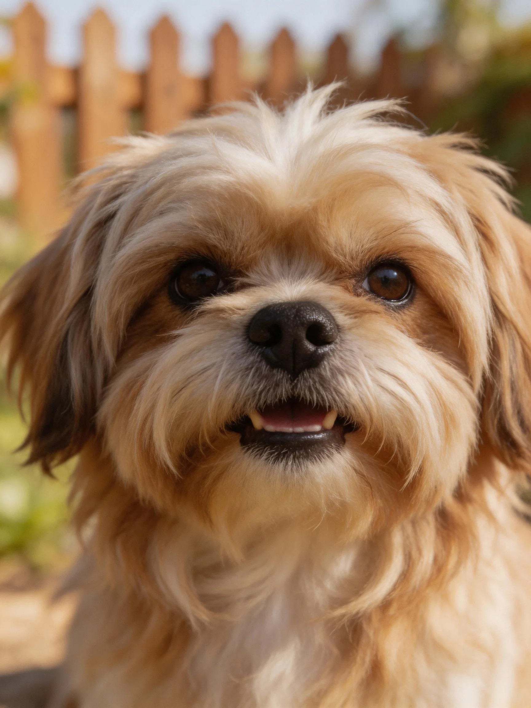 A small dog with long fur stands near a wooden fence outside.