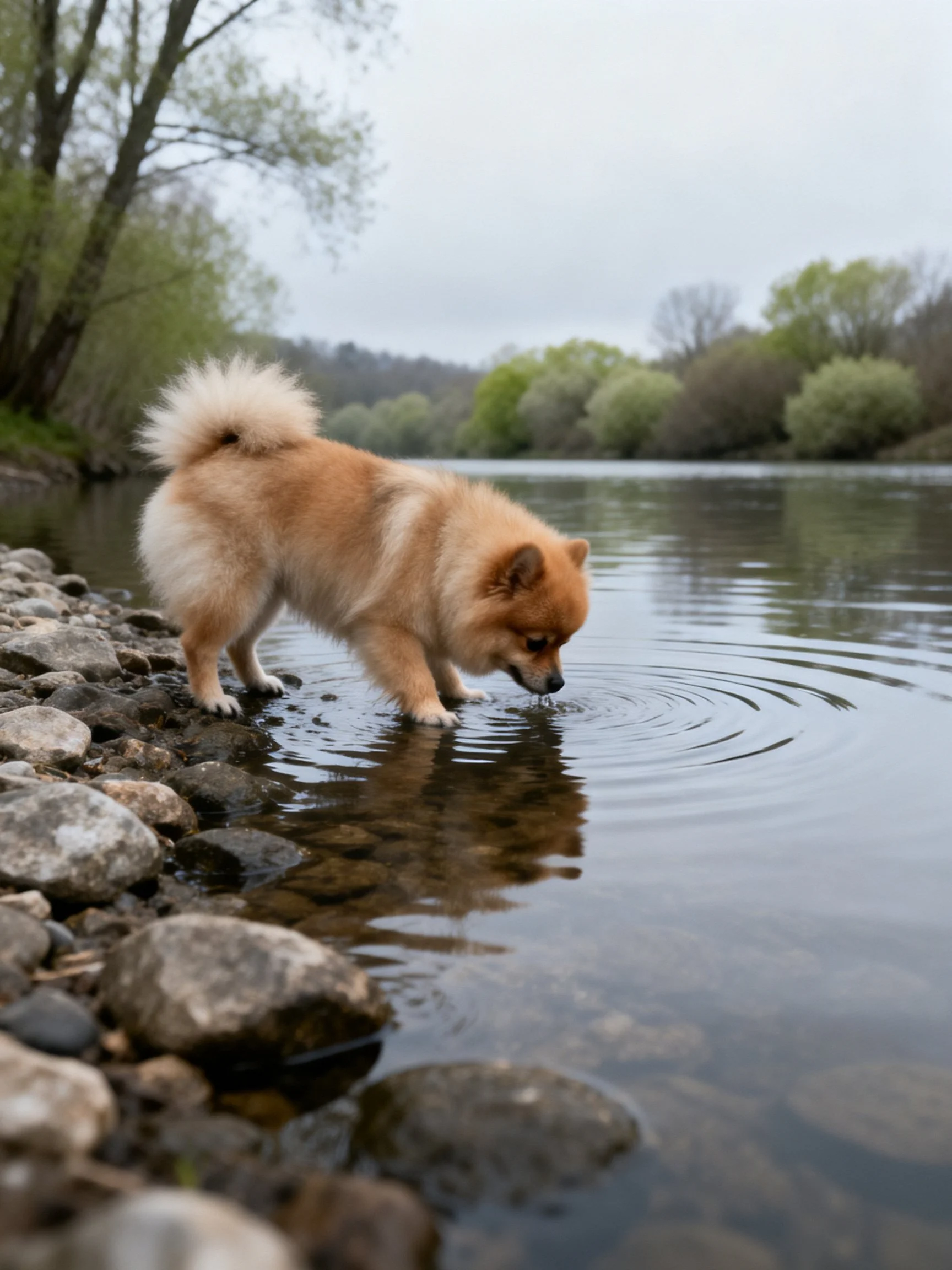 Fluffy tan dog drinks from calm river near rocks