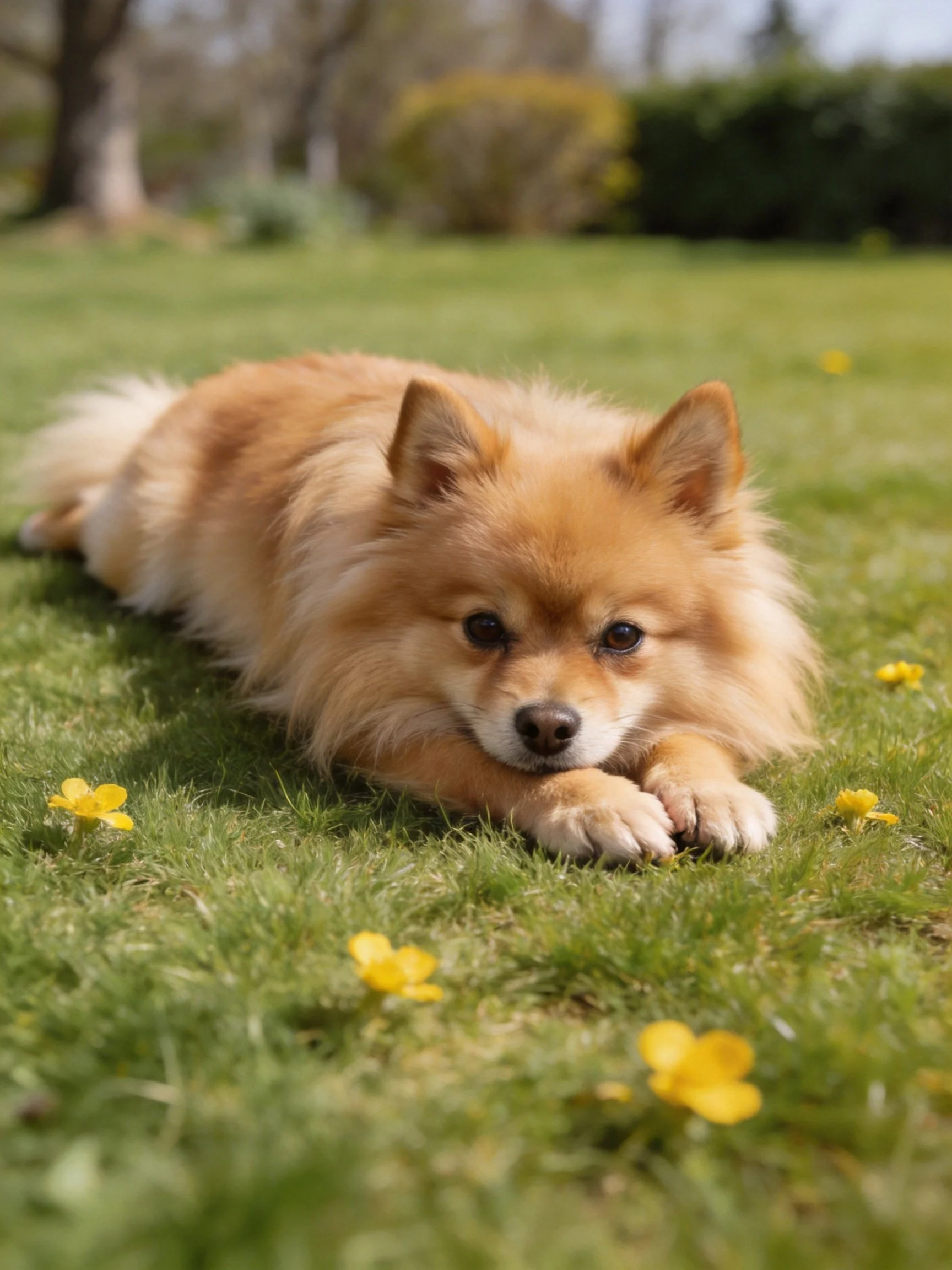 Tan dog rests on grassy area with yellow flowers