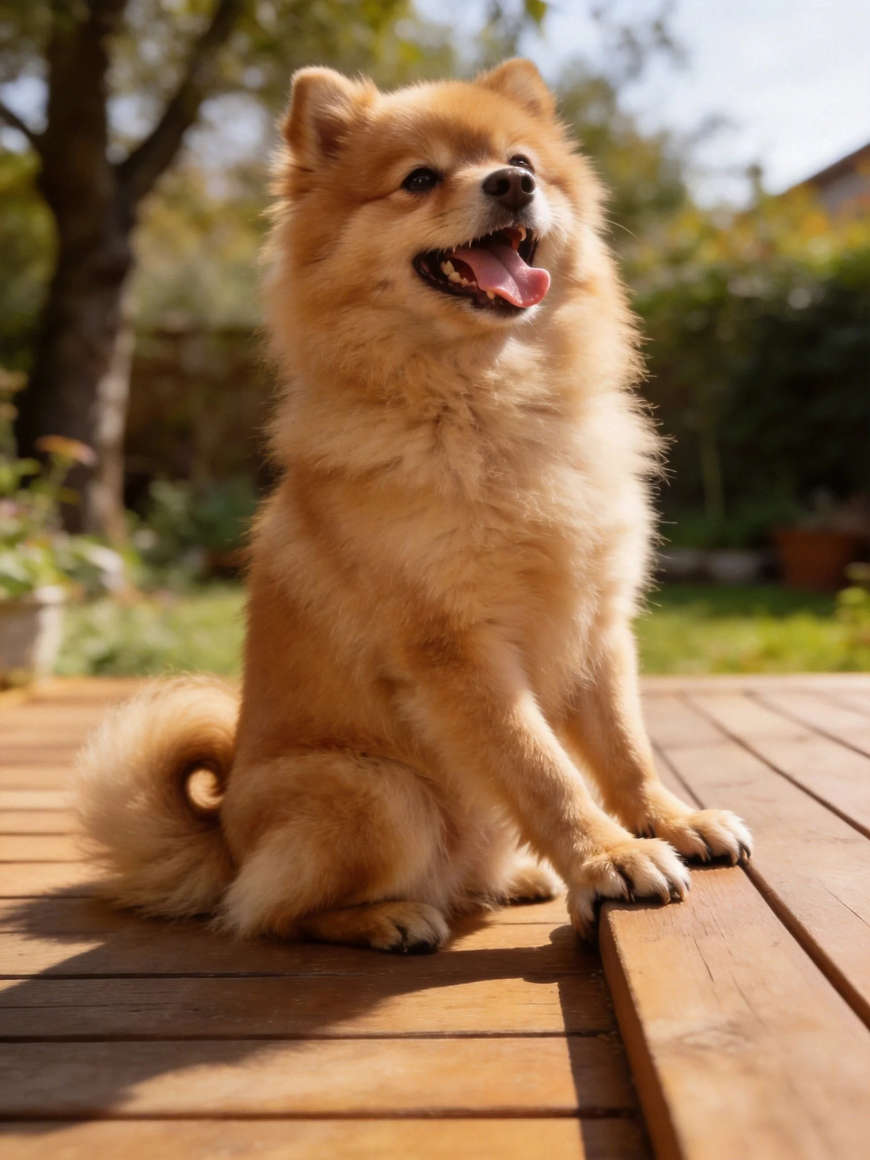 Fluffy tan dog sits on wooden deck in sunlit garden