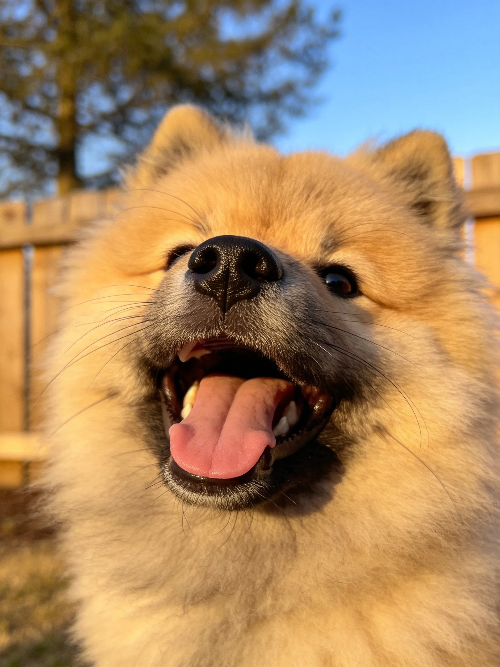 Fluffy tan dog smiling with open mouth outdoors near wooden fence