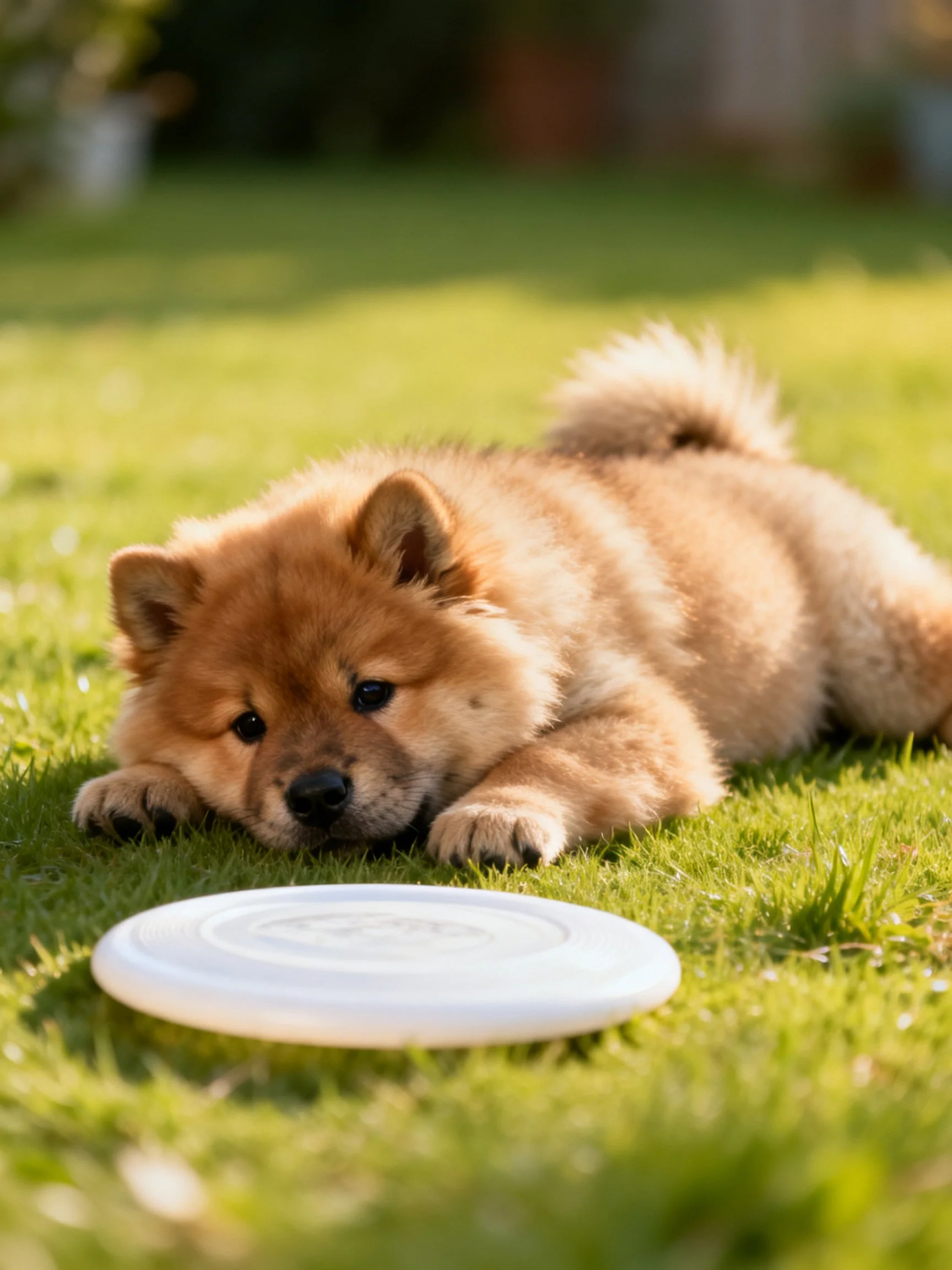 A fluffy tan puppy rests near a white frisbee on grass.