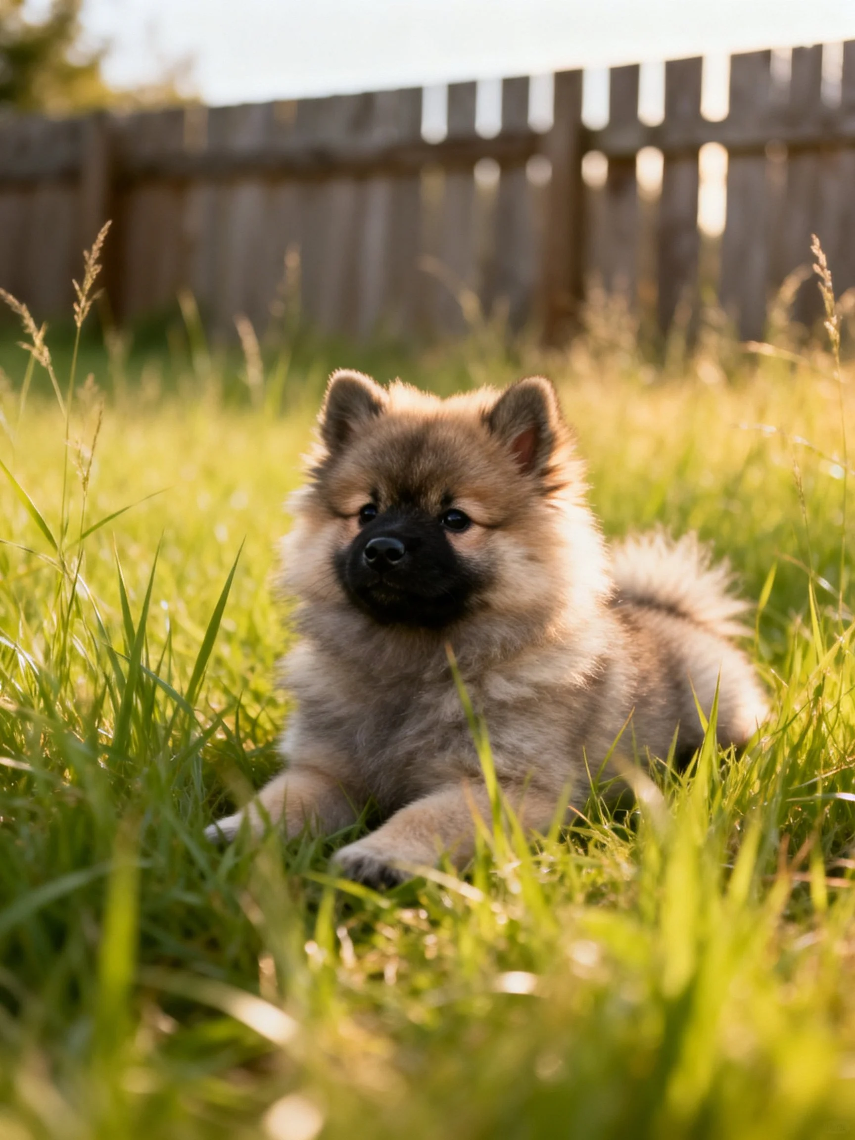 A fluffy tan puppy relaxes in grass with a wooden fence in the background.
