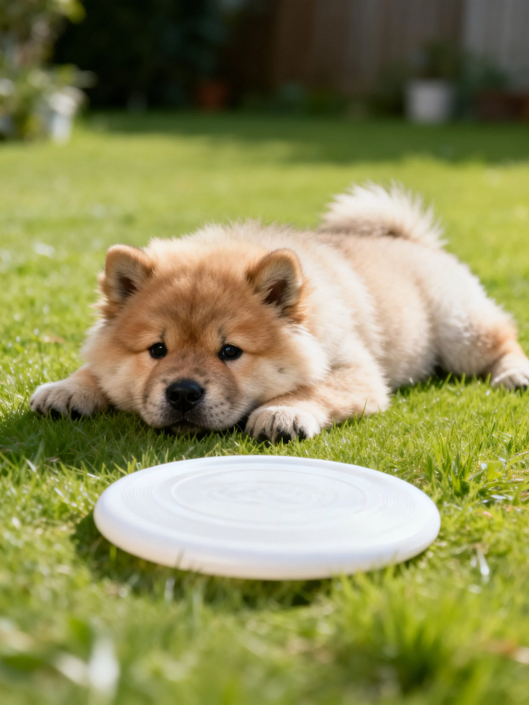Tan puppy lies on grass next to white frisbee in sunny outdoor setting.