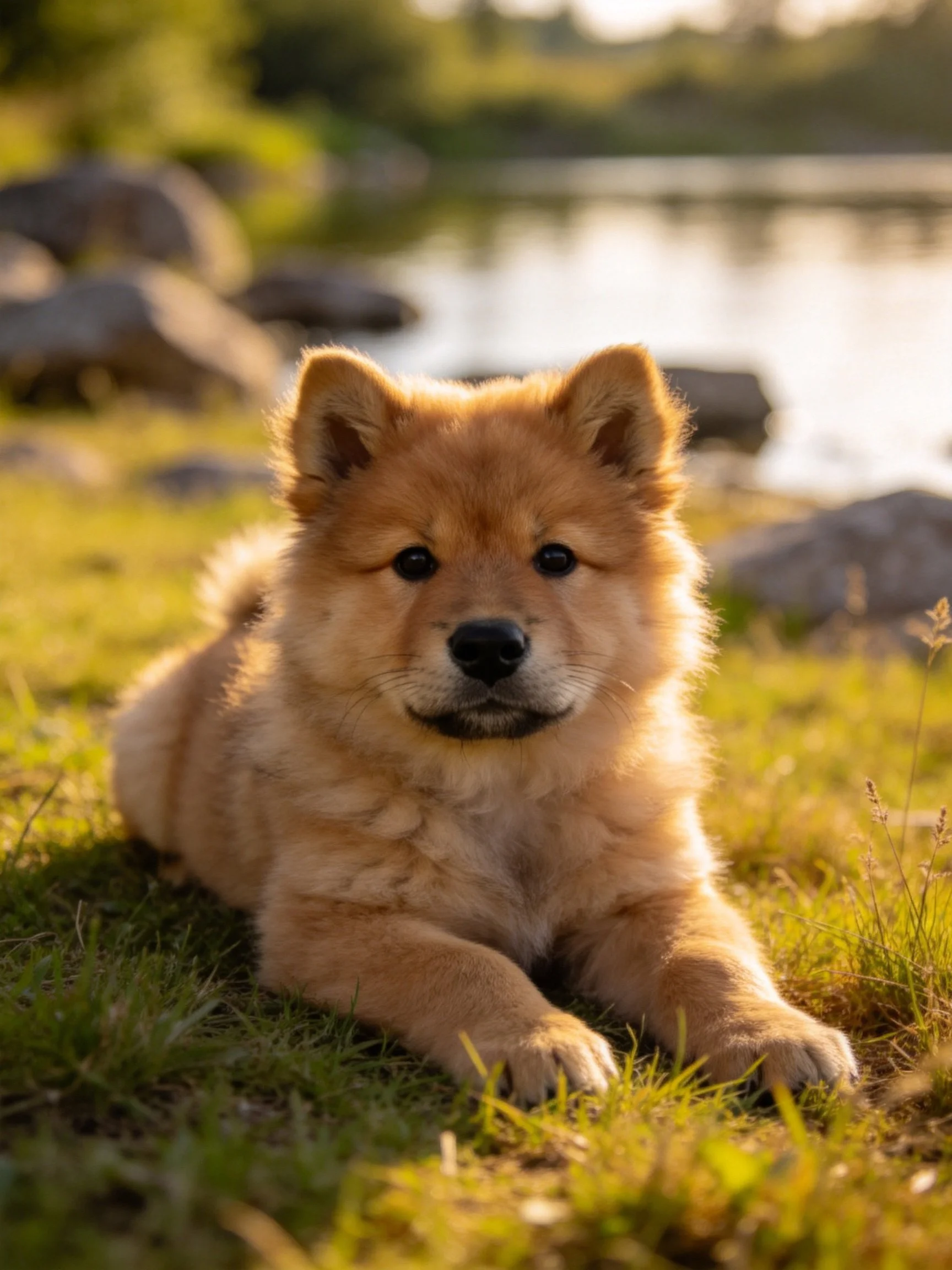 A fluffy tan puppy rests peacefully on grass beside a calm water source.
