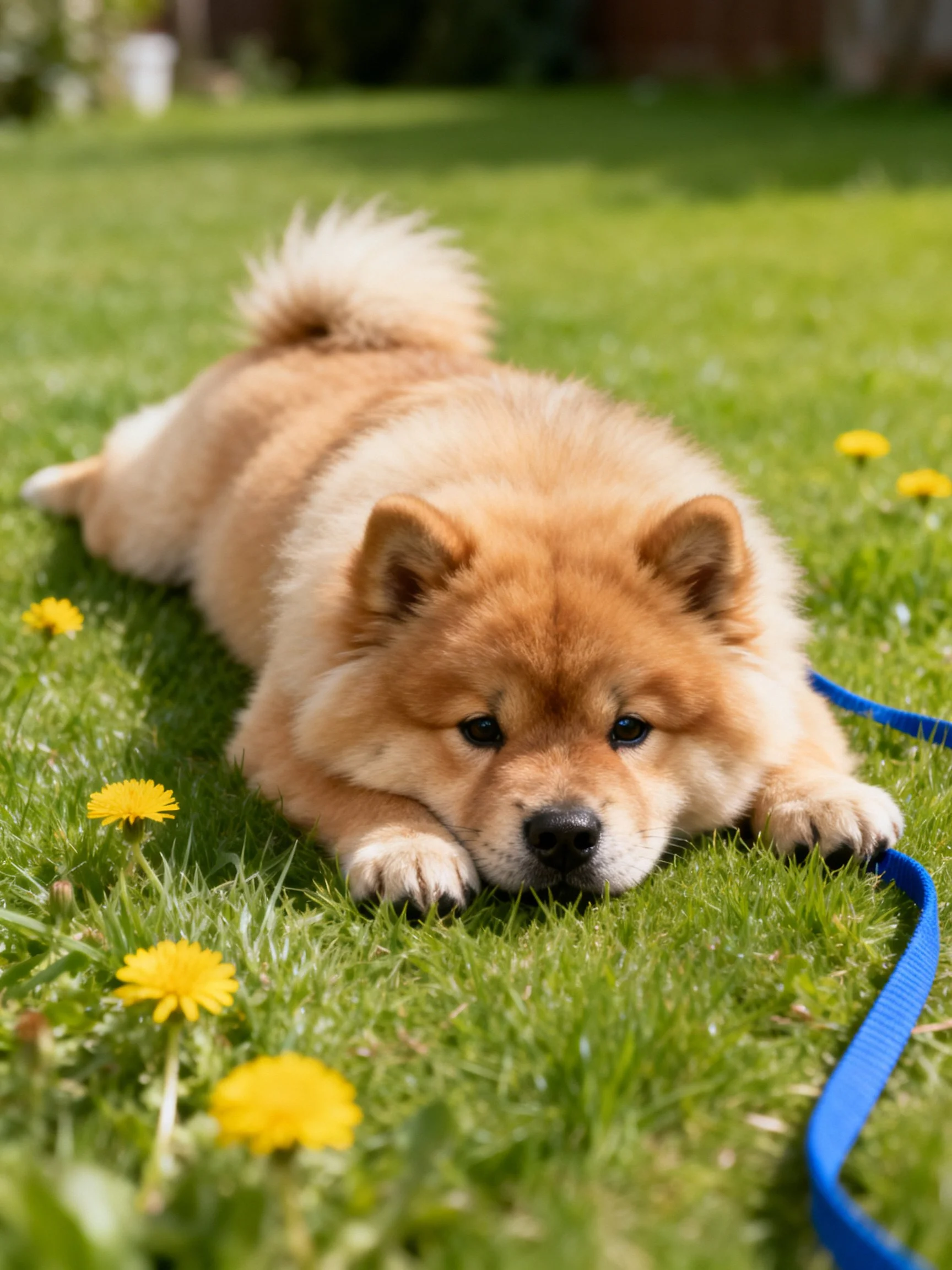 A tan puppy relaxes on green grass surrounded by yellow flowers with a blue leash nearby.