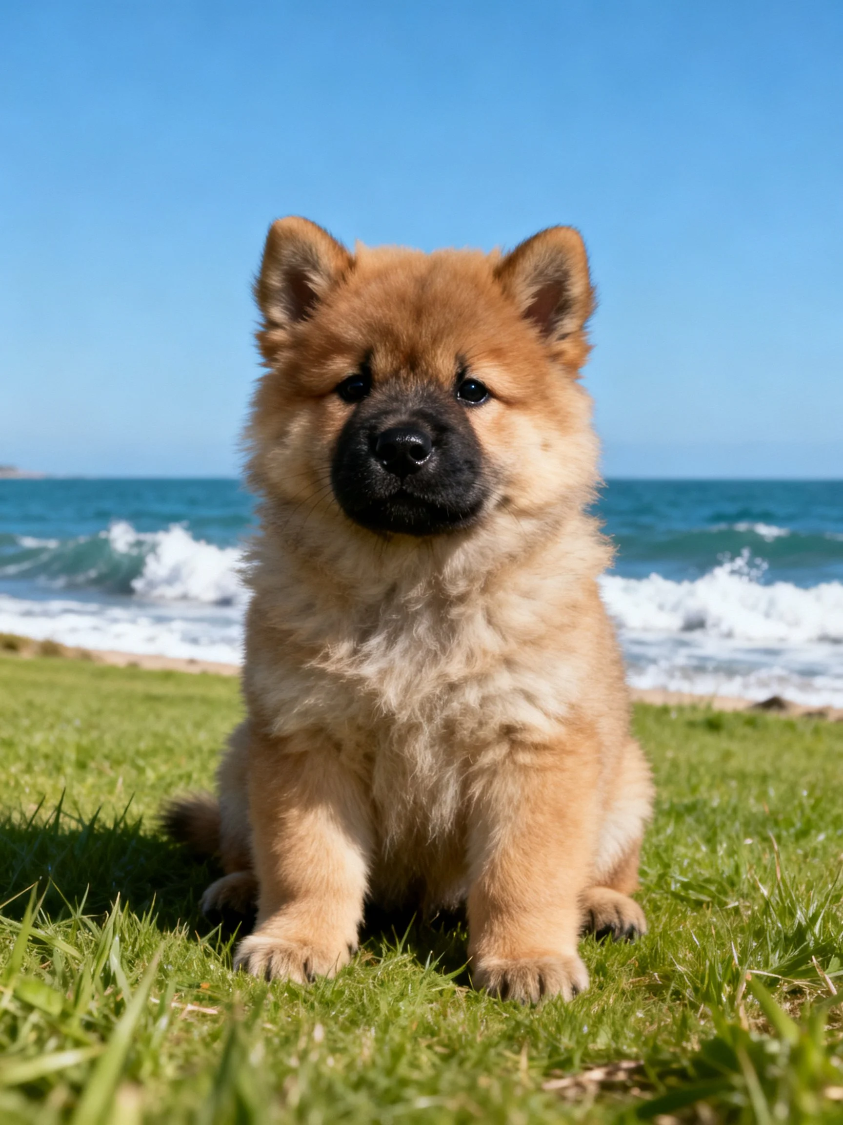 A fluffy tan puppy sits on grass by the ocean.