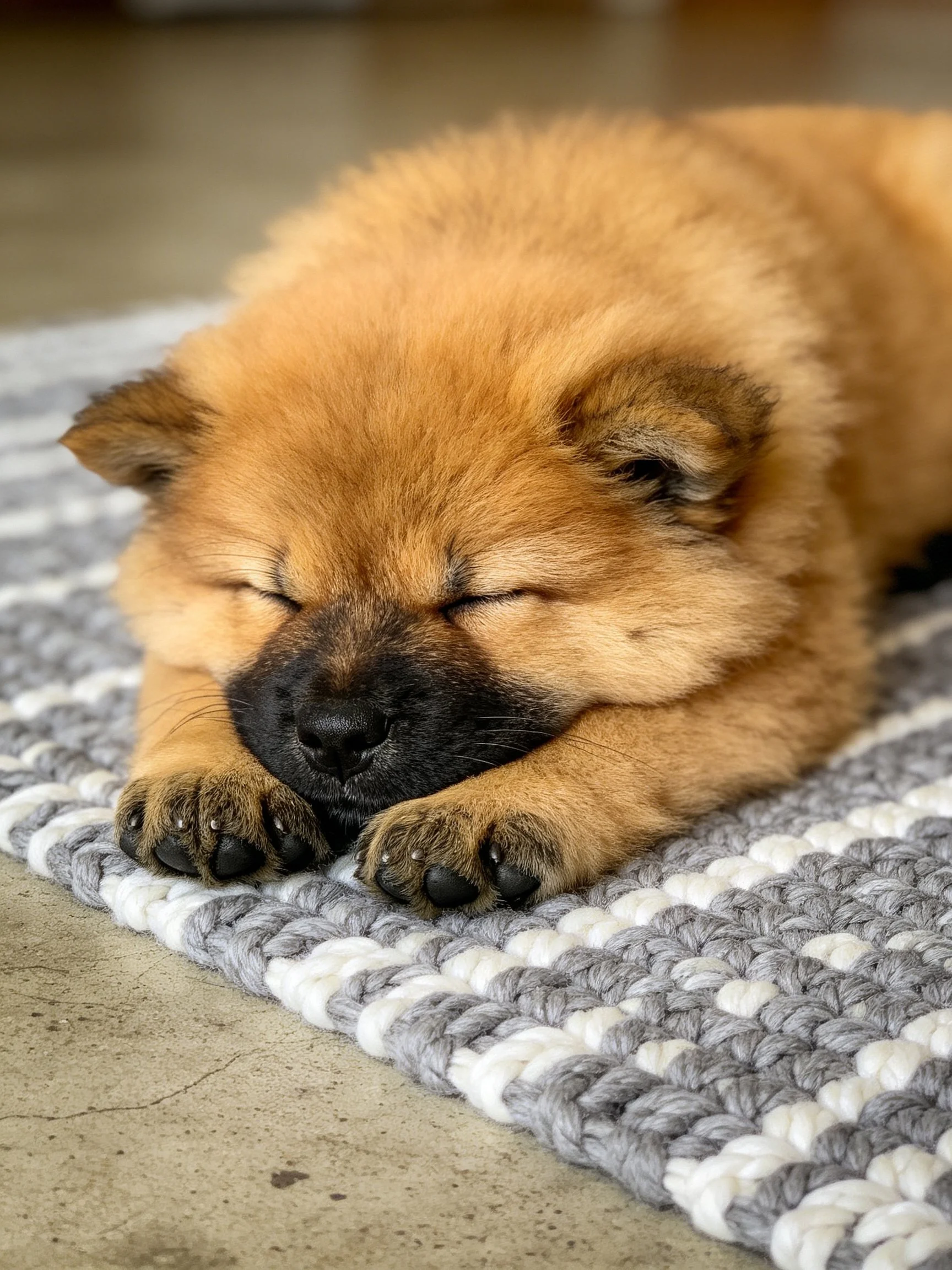 Fluffy tan puppy sleeping on gray and white crocheted rug