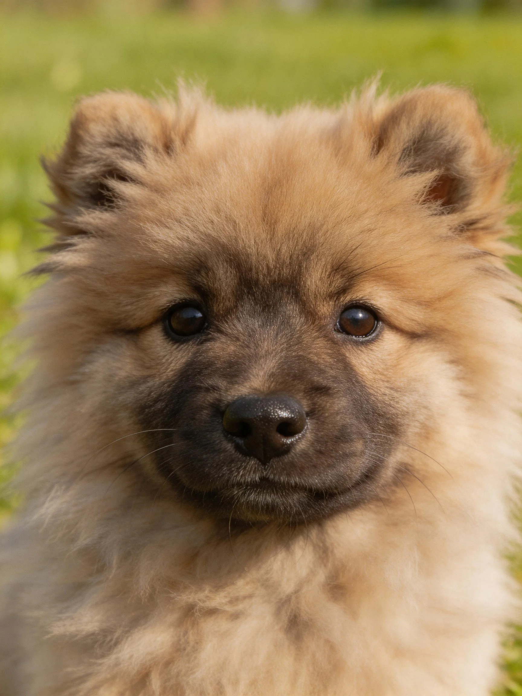 Fluffy tan puppy with dark facial markings in a green outdoor setting