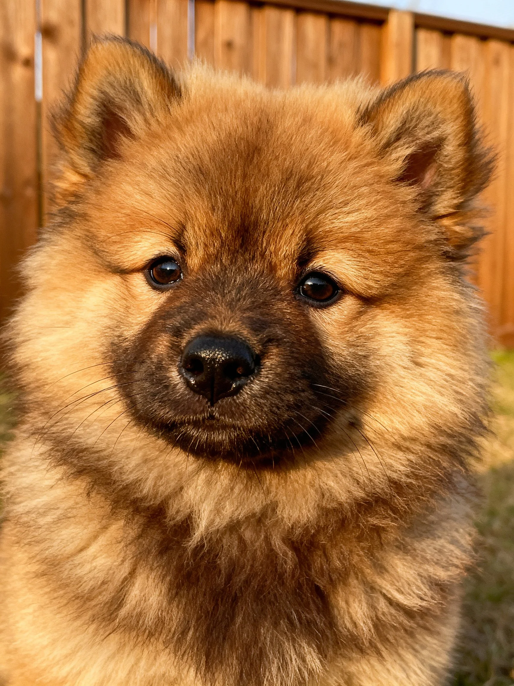 Fluffy tan puppy with dark facial markings