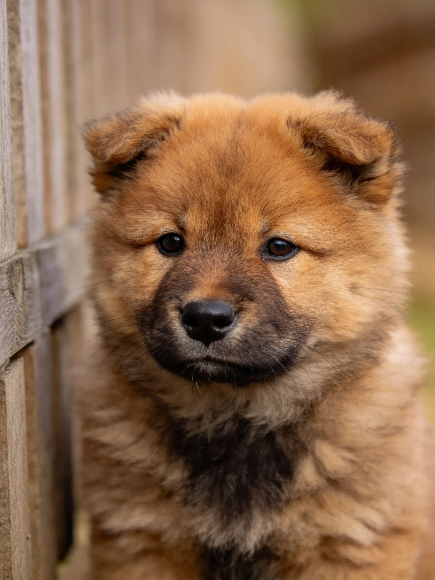 Fluffy tan puppy with dark markings near wooden fence