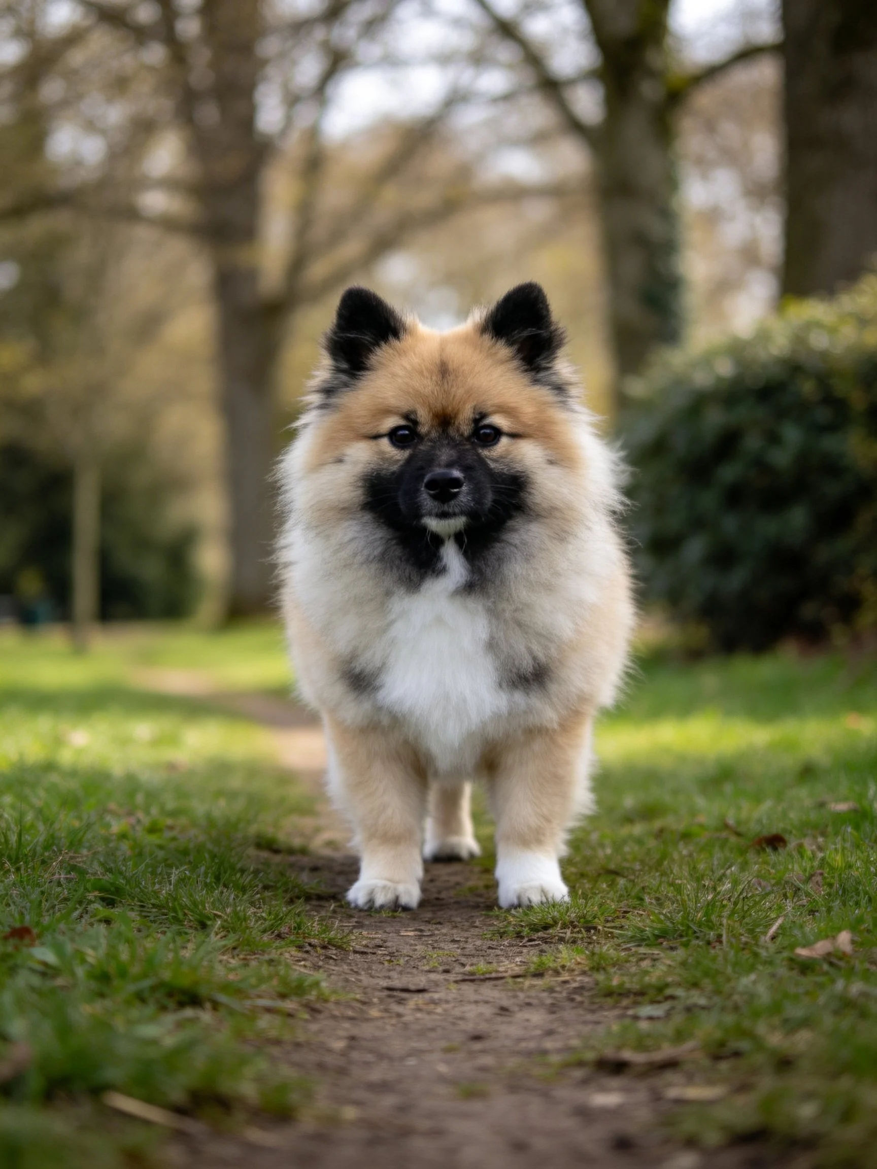 A fluffy dog with mixed fur colors stands on a park path amid greenery and trees.