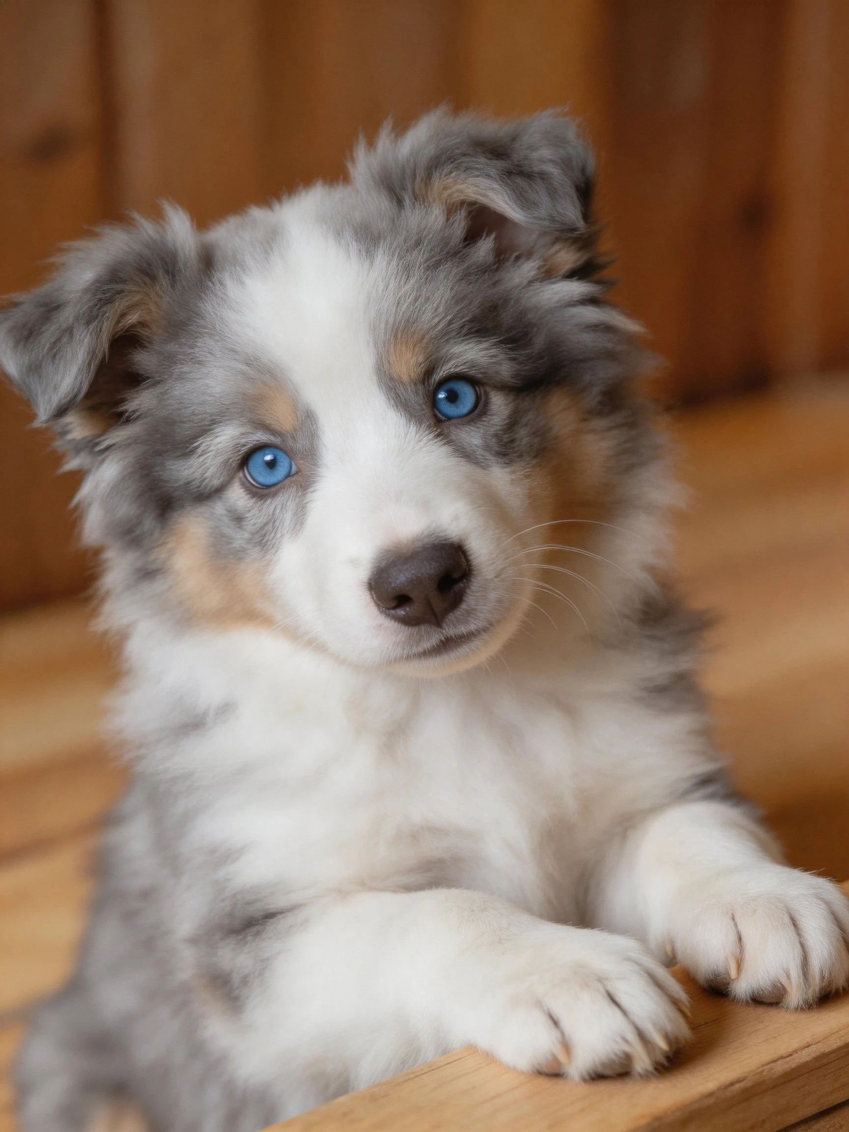 A young dog with vivid blue eyes rests close to a wooden surface.