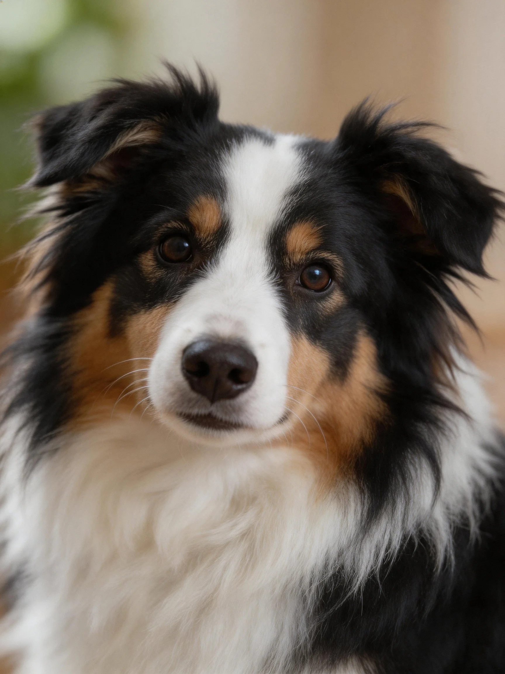 Fluffy tricolor Australian Shepherd with black, white, tan fur
