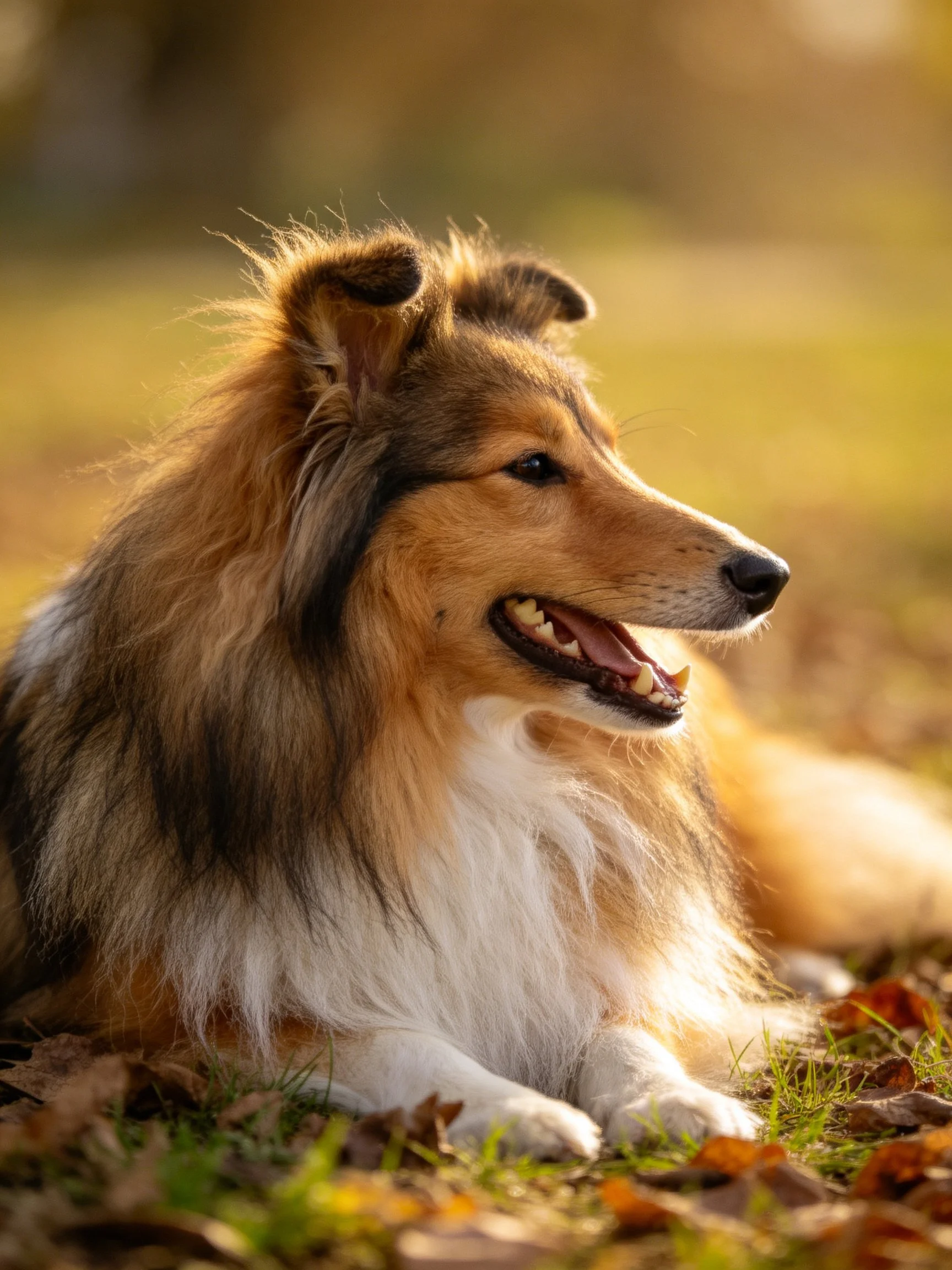 A tricolor Collie relaxes peacefully among autumn leaves in a sunlit environment.