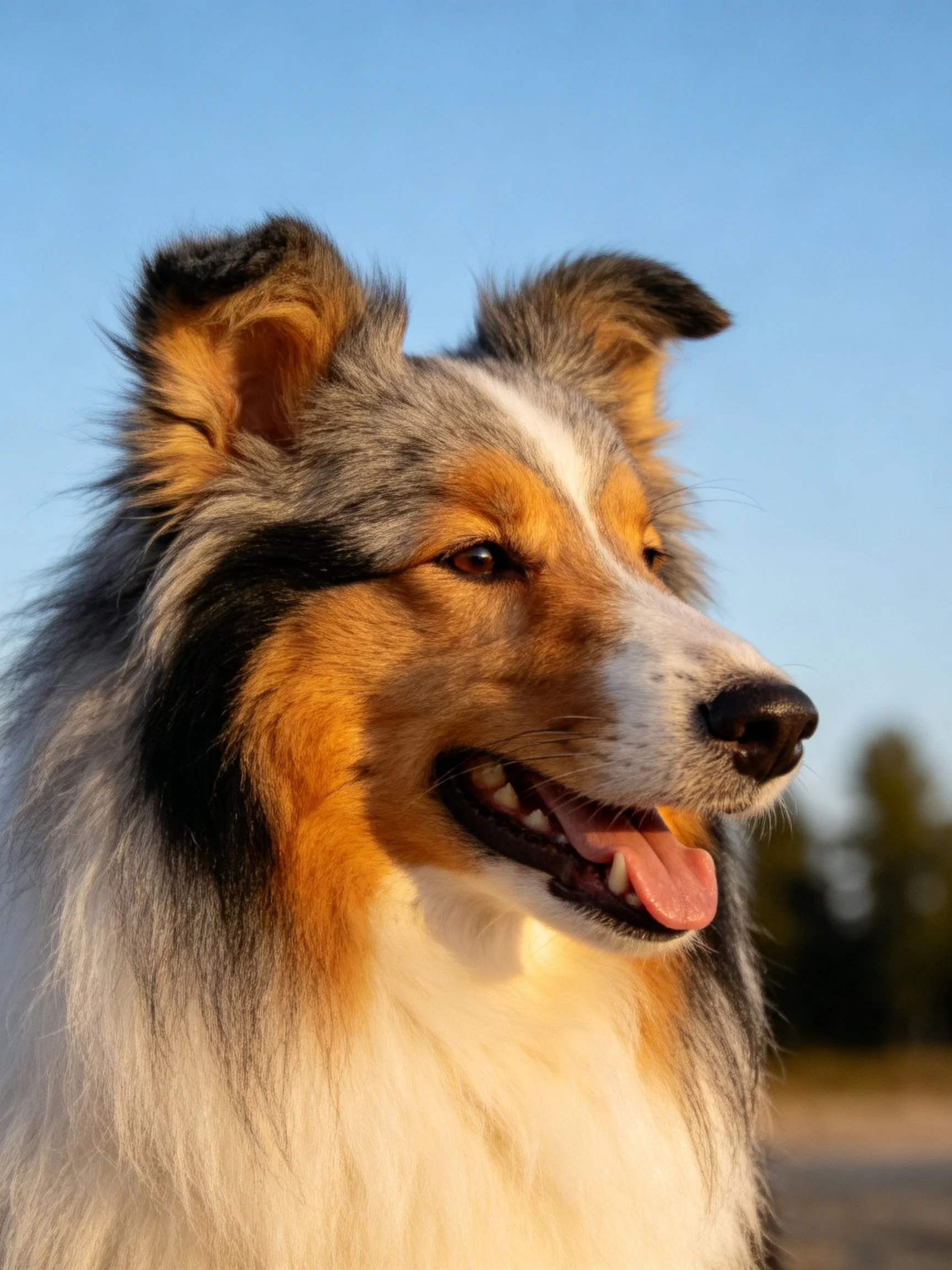 A tricolor Sheltie dog is outdoors with its mouth open.