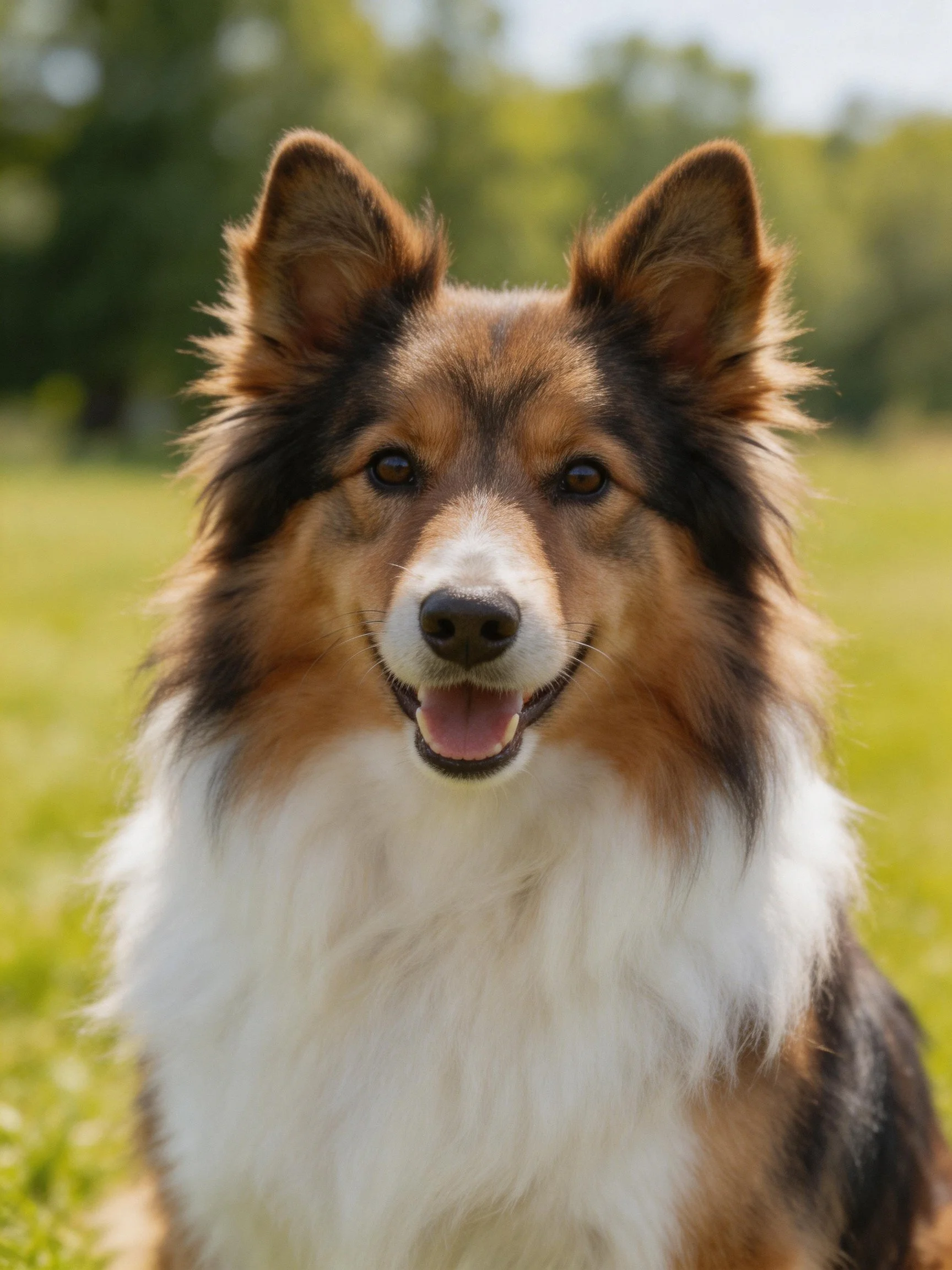 Fluffy tricolor Shetland Sheepdog in a sunlit green field