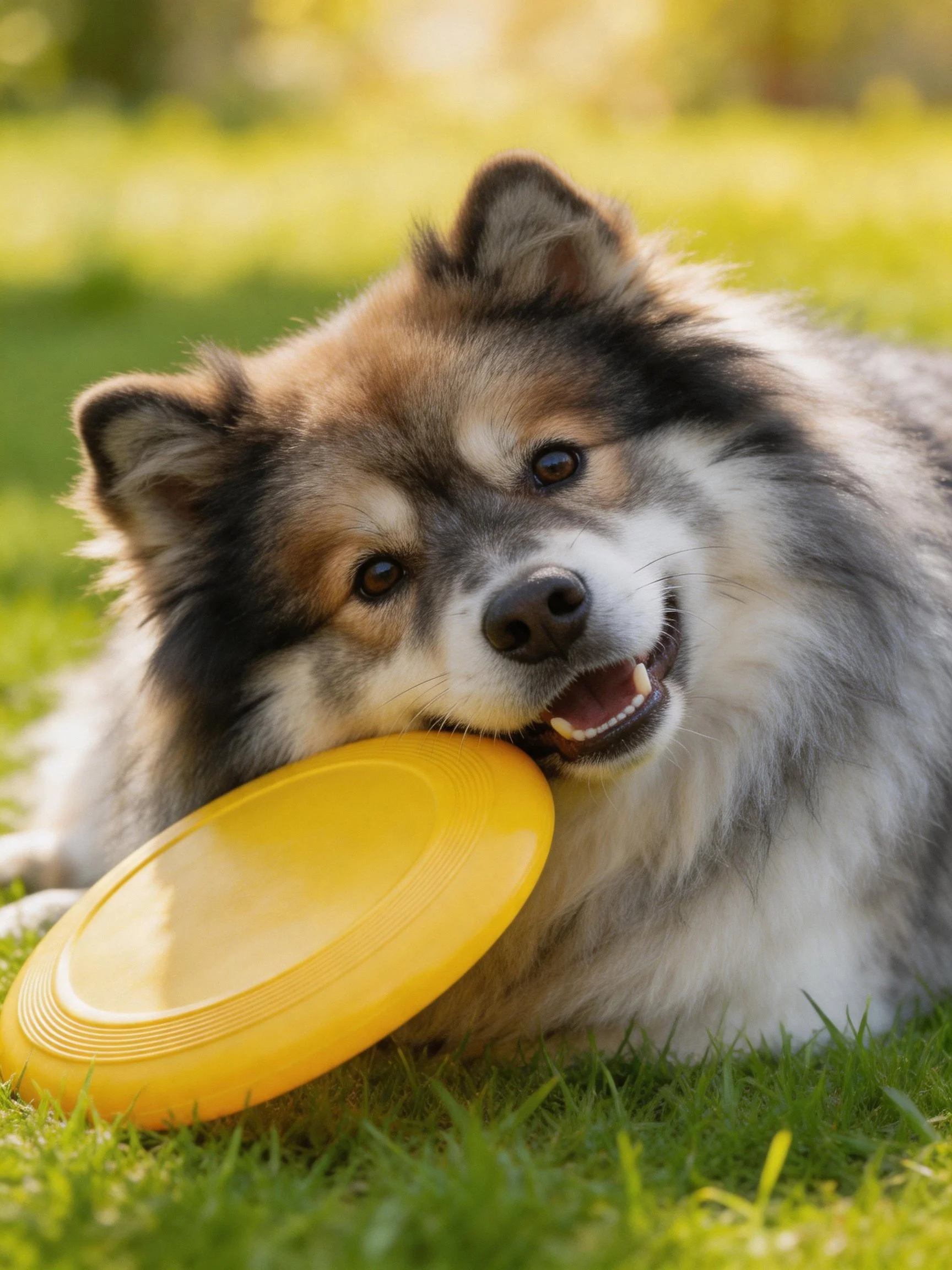 Fluffy tricolor dog holds yellow frisbee on green grass