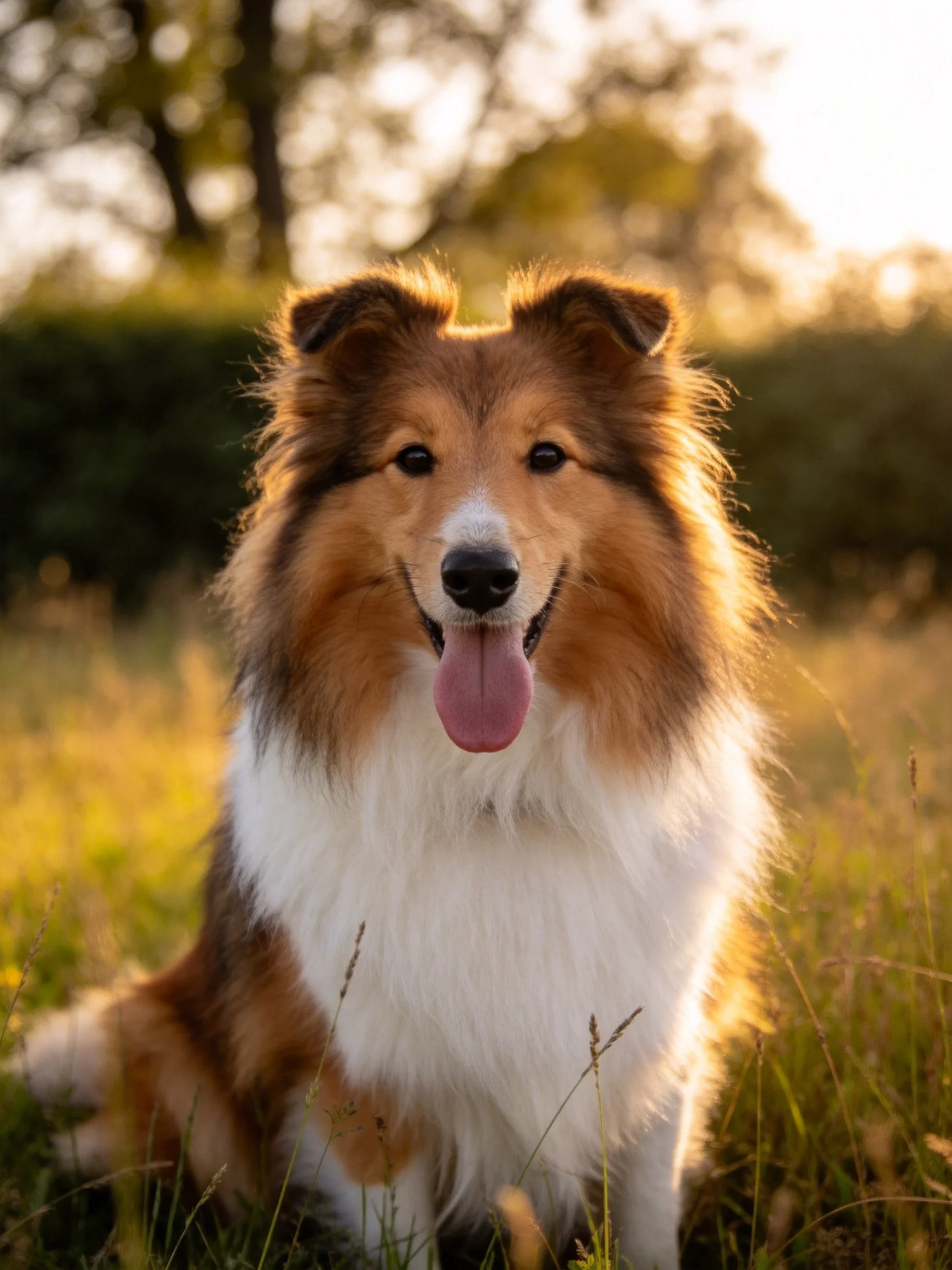 A tricolor dog sits happily in sunlit grass.
