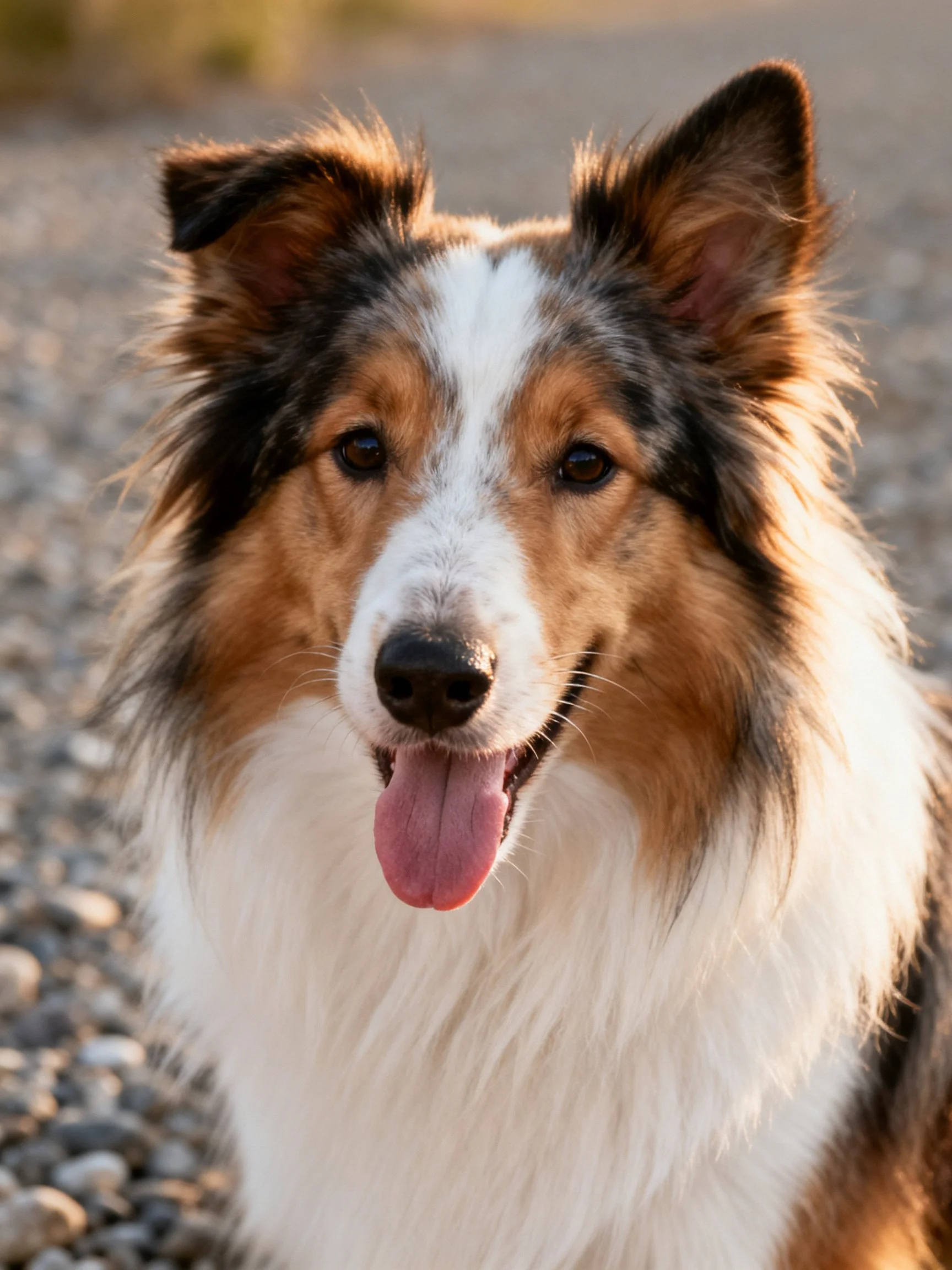 A tricolor Sheltie dog stands outdoors with an alert expression.
