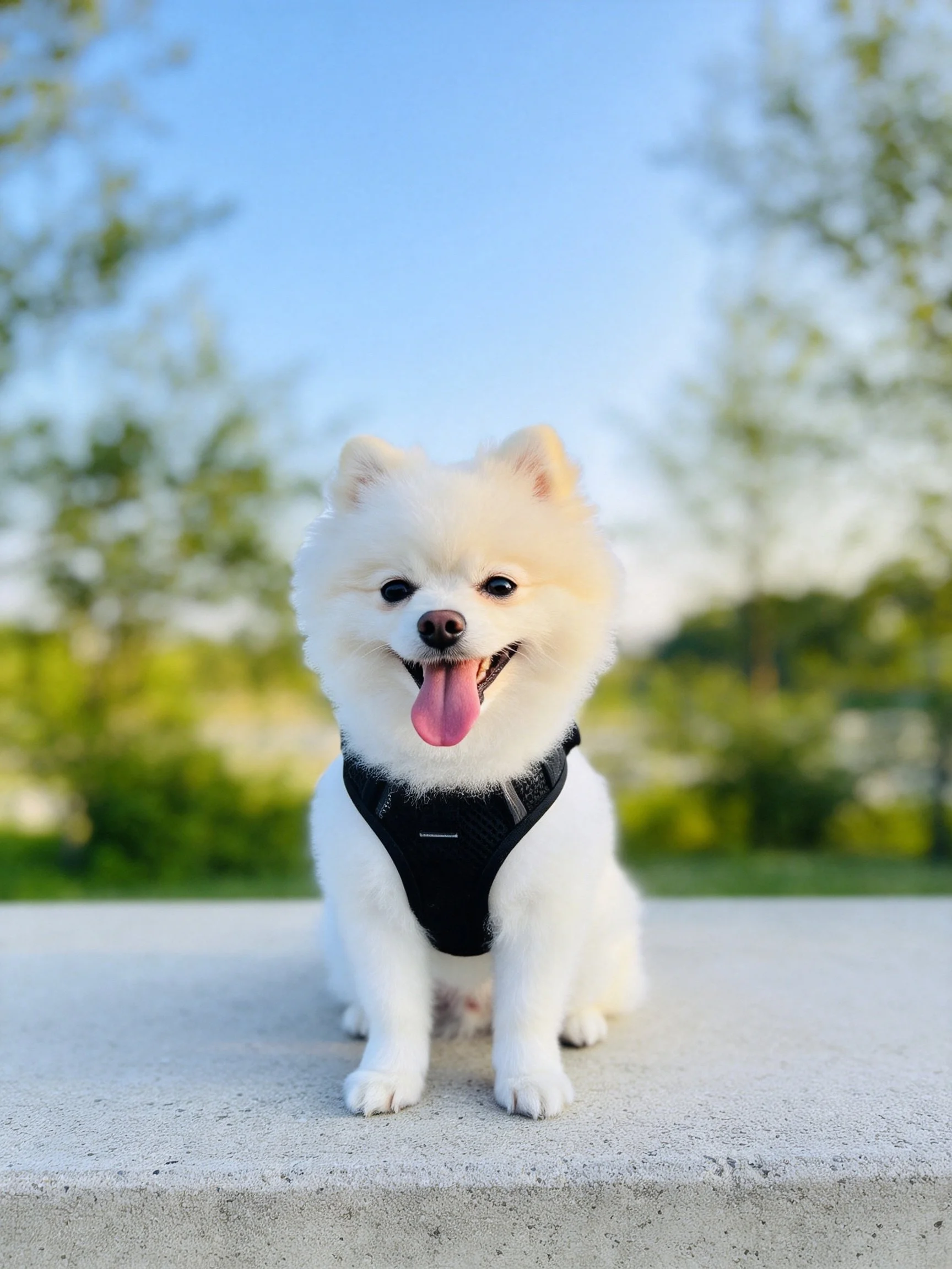 A fluffy white Pomeranian with a black harness sits happily outside near greenery.