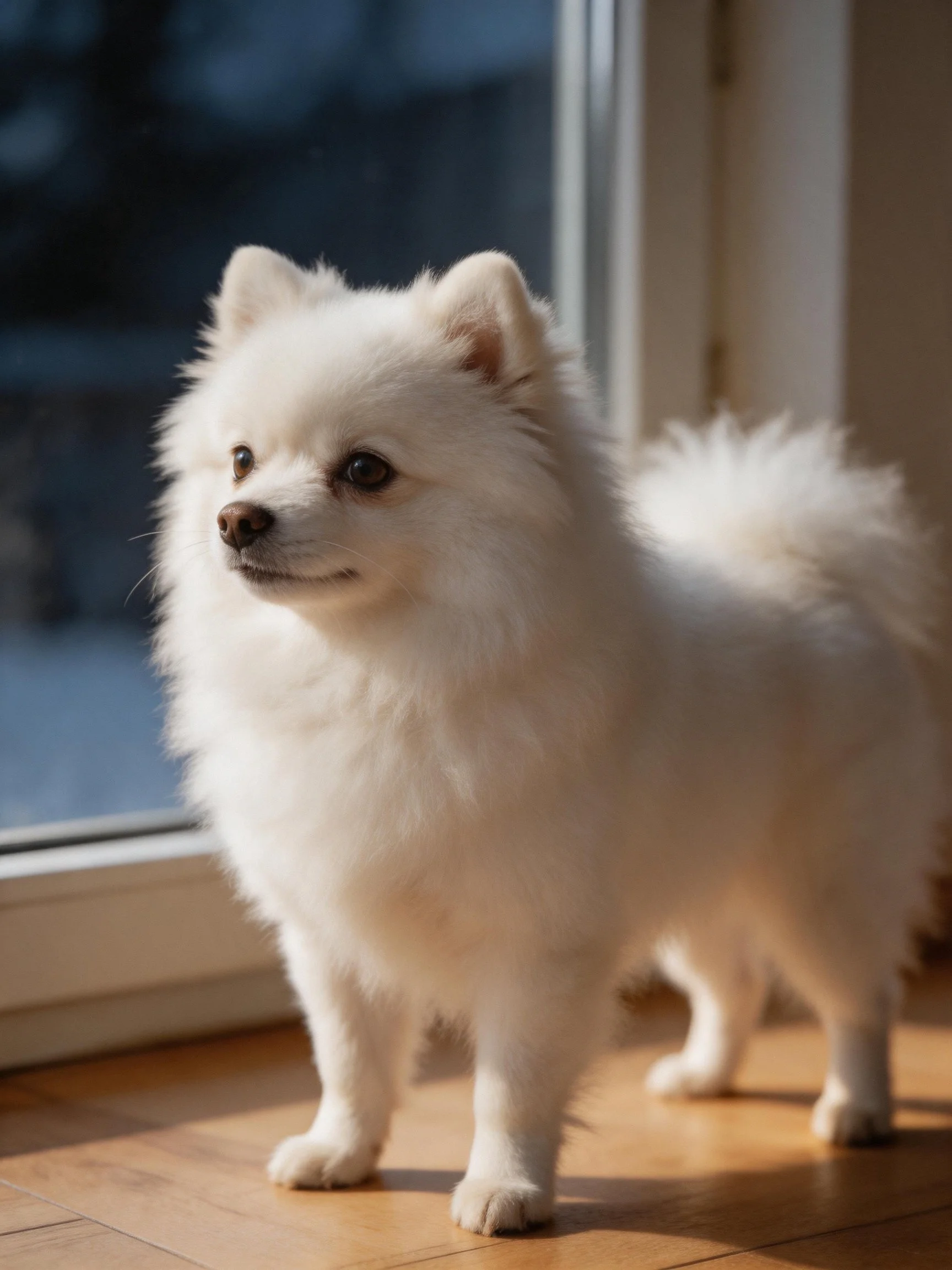 Fluffy white Pomeranian stands by sunlit window indoors.