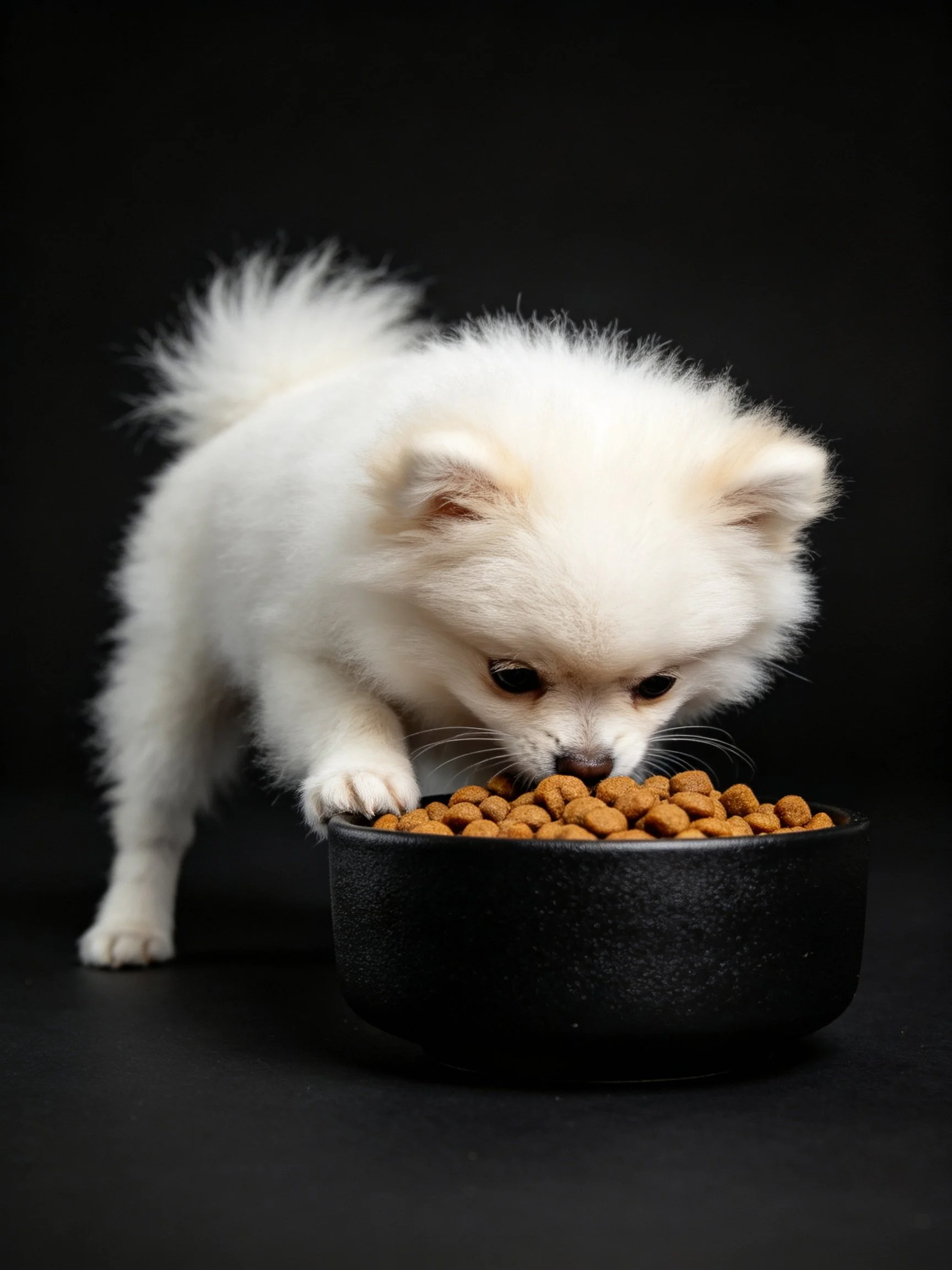A fluffy white Pomeranian puppy eats from a black bowl against a dark backdrop.