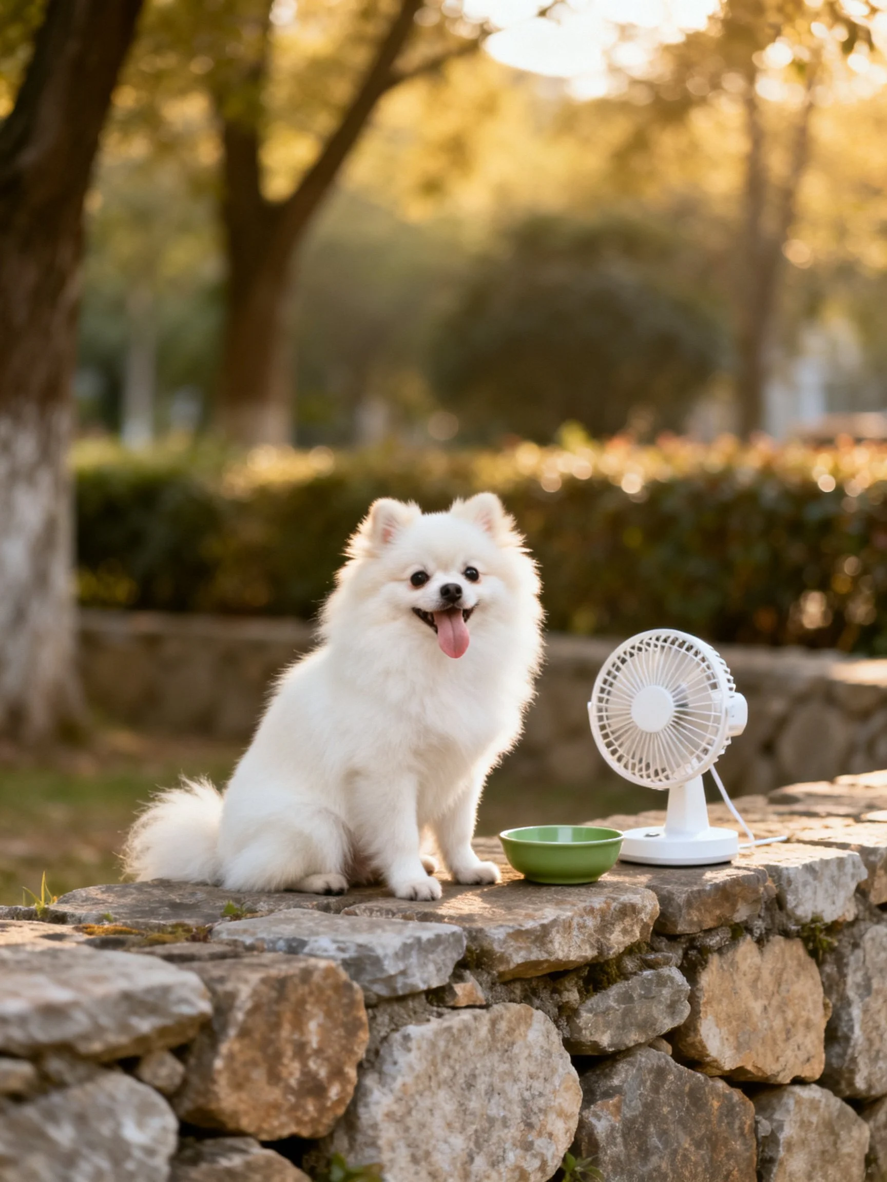 A white Pomeranian sits on a stone wall with a green bowl and fan in an outdoor area.