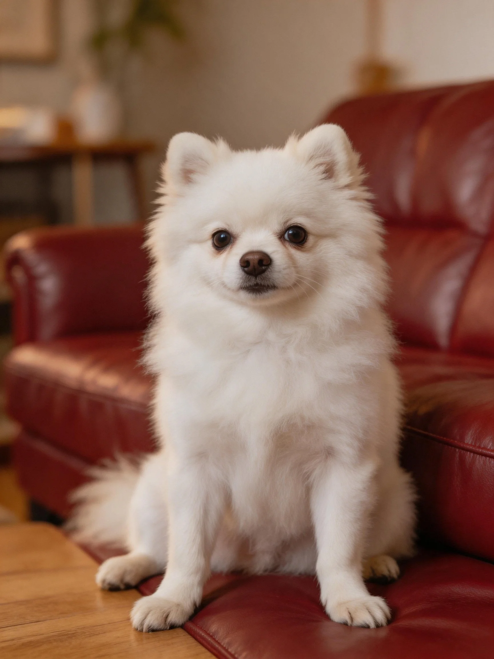 Fluffy white Pomeranian sits on a red leather couch indoors