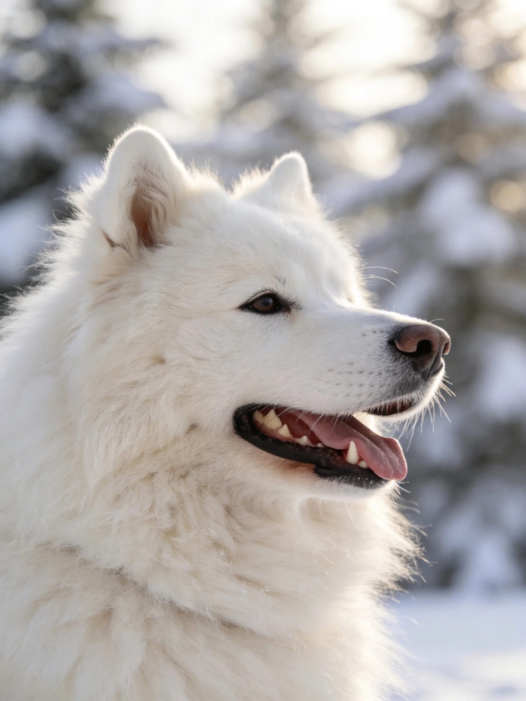 Fluffy white Samoyed dog in a snowy forest backdrop