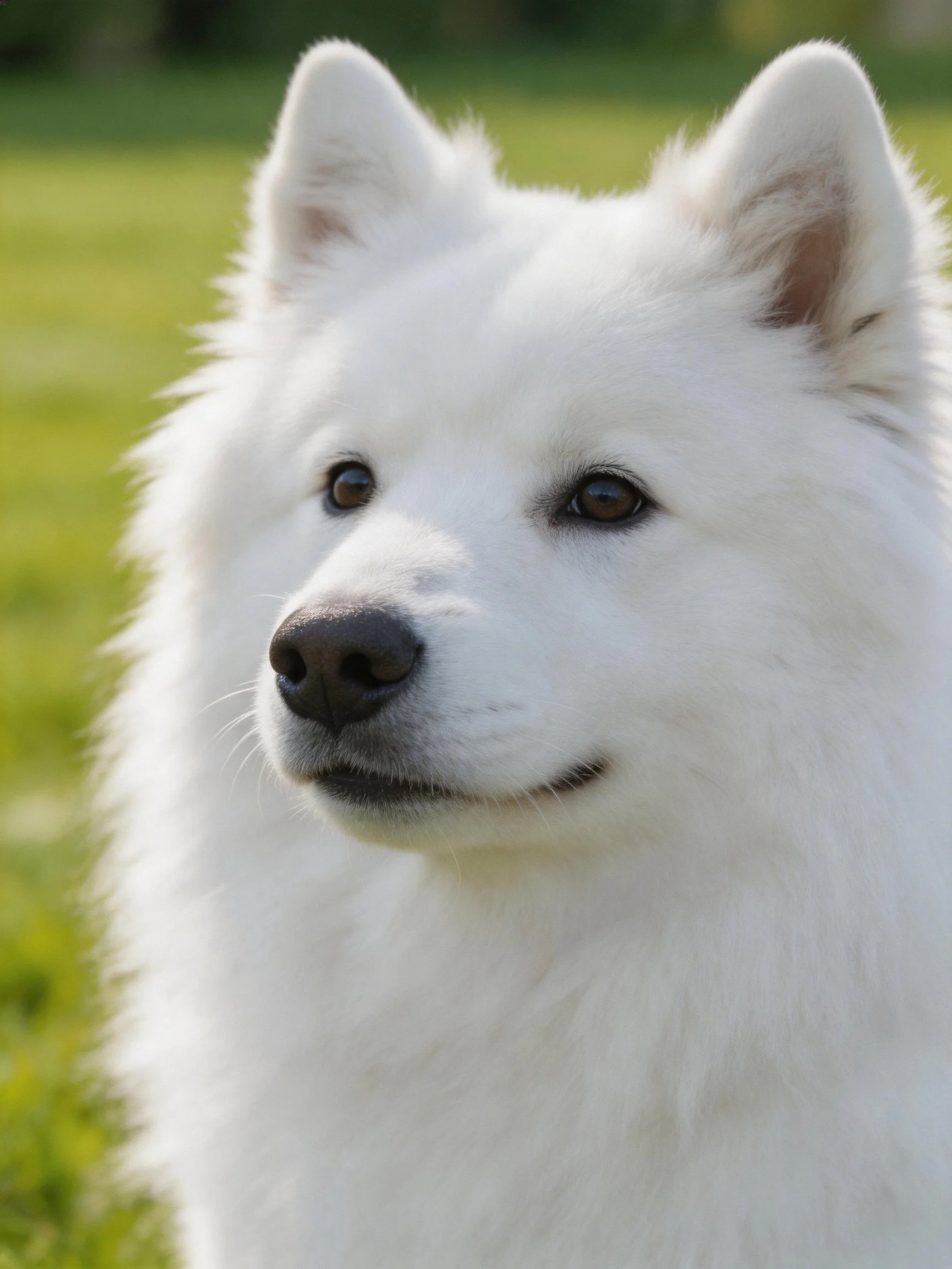 A fluffy white Samoyed dog is shown up close outdoors.