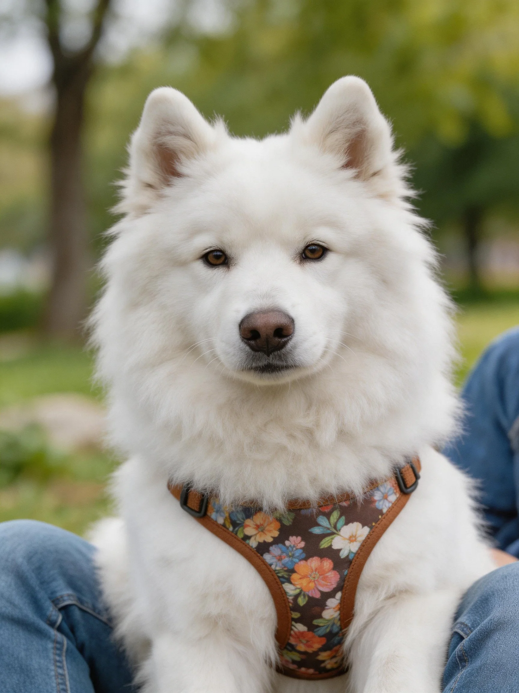 A fluffy white Samoyed dog sits calmly in a floral harness outside.