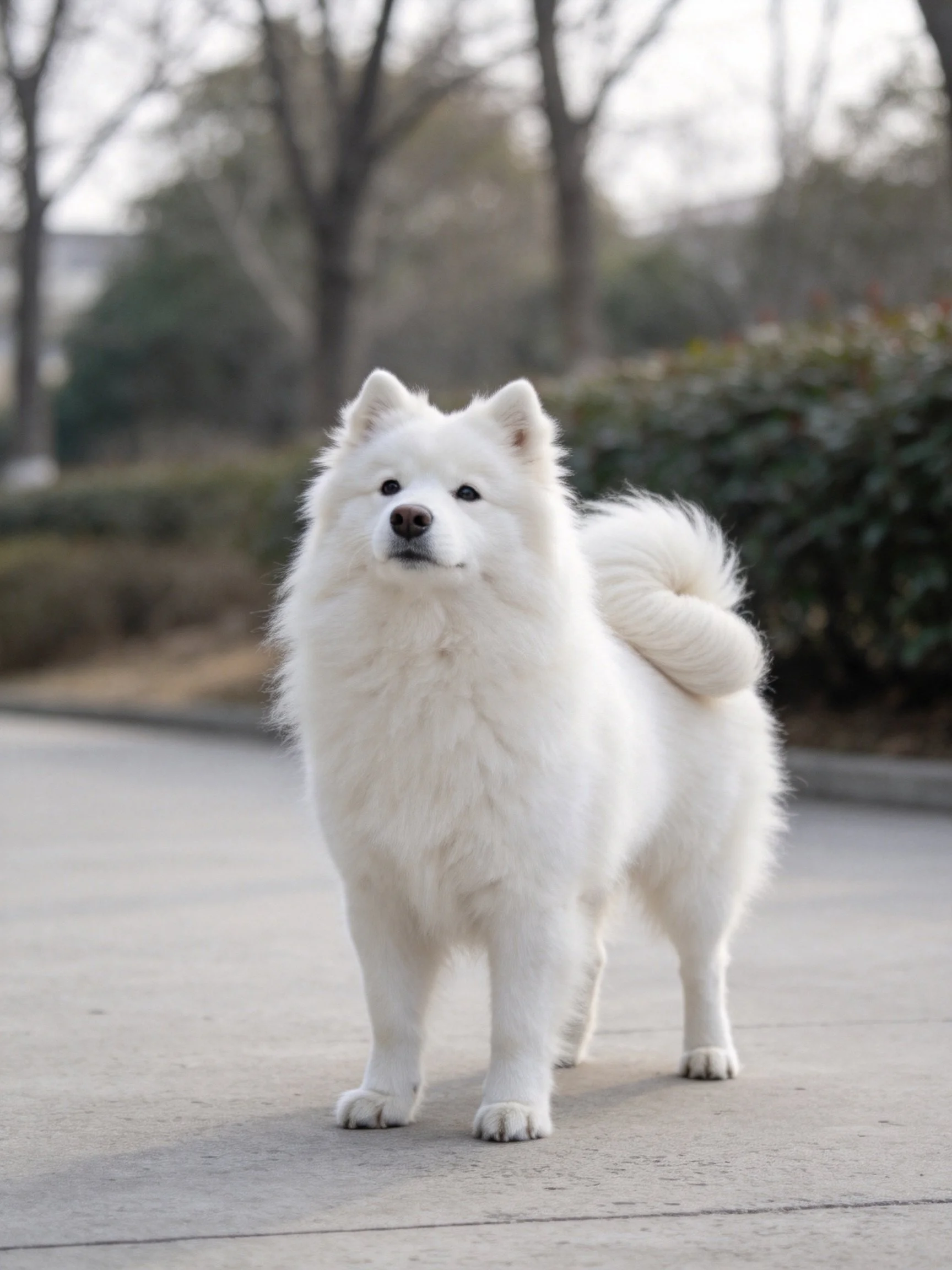 A fluffy white Samoyed dog stands on a paved outdoor path.