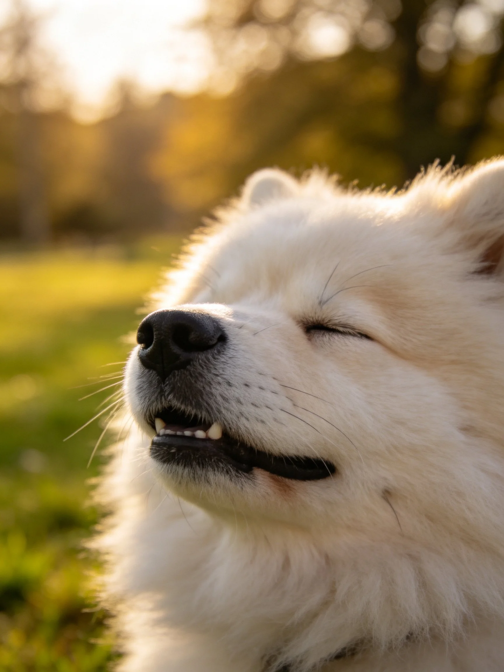 A fluffy white Samoyed dog relaxes in a sunlit green outdoor area.