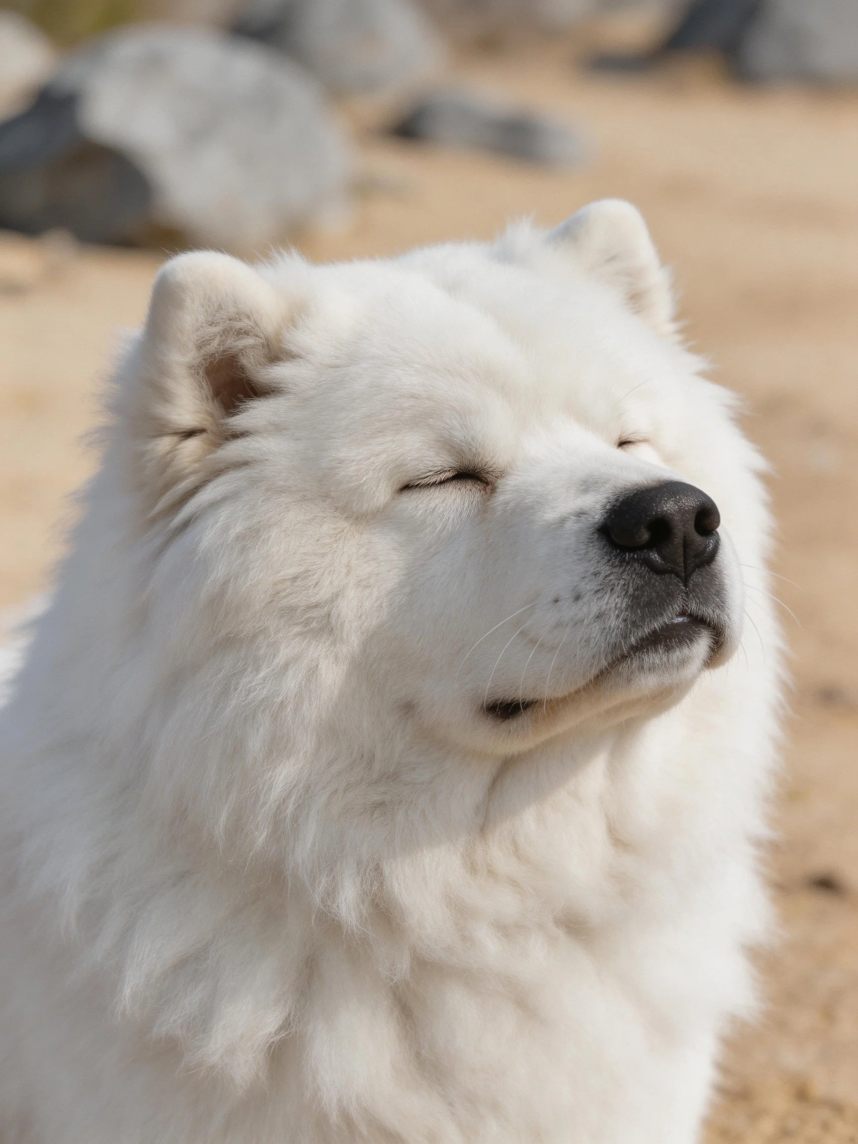 A fluffy white Samoyed dog relaxes with eyes closed outdoors.