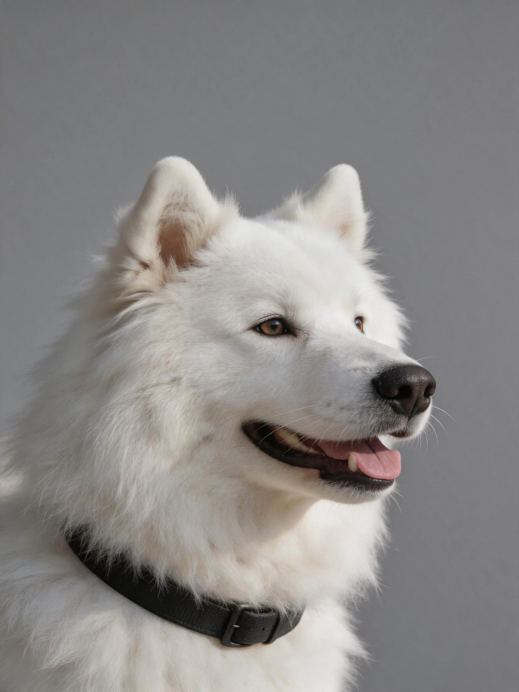 A white Samoyed dog with a black collar is displayed against a plain gray background.