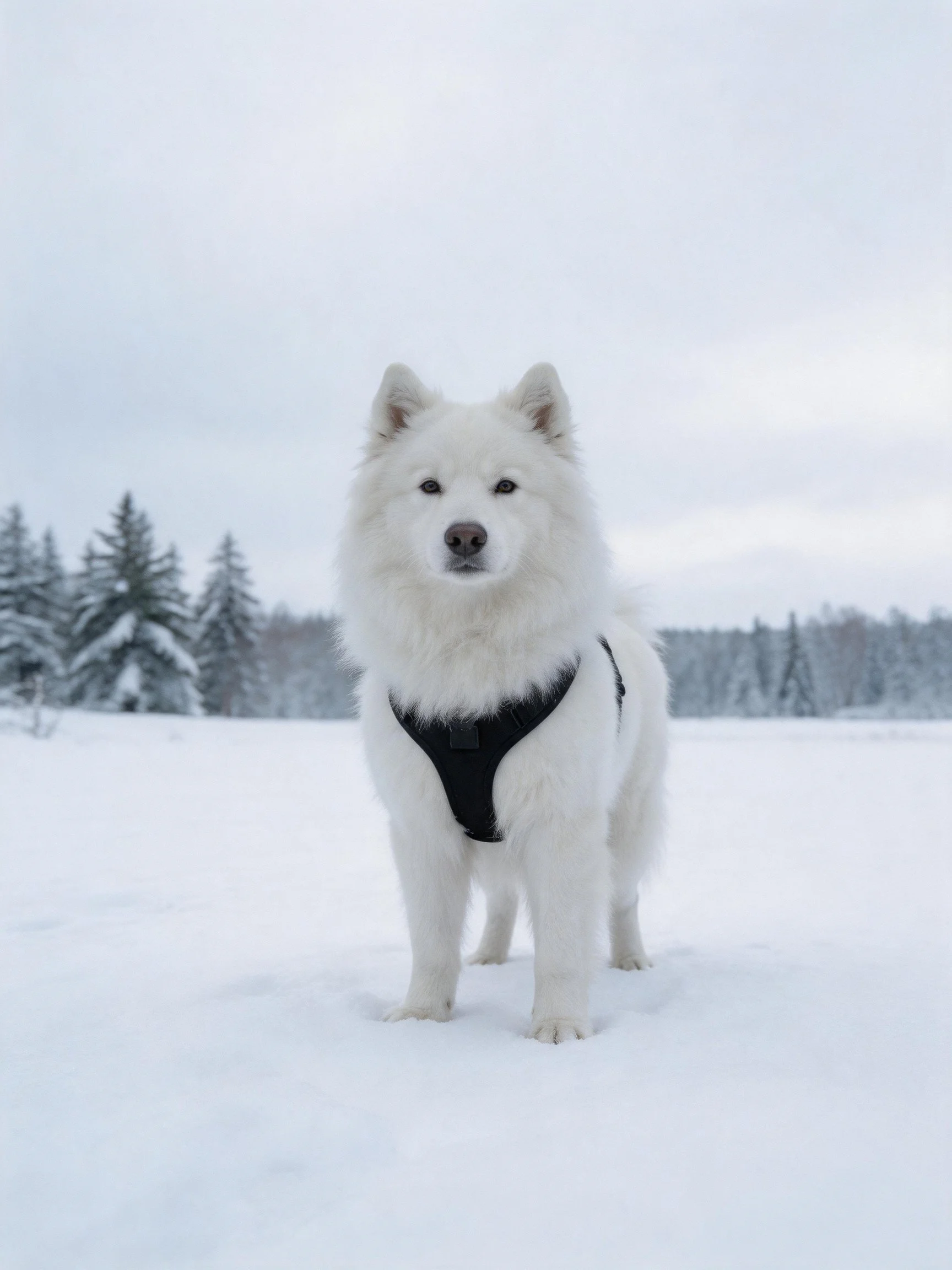 Fluffy white Samoyed dog with black harness stands in snowy field.