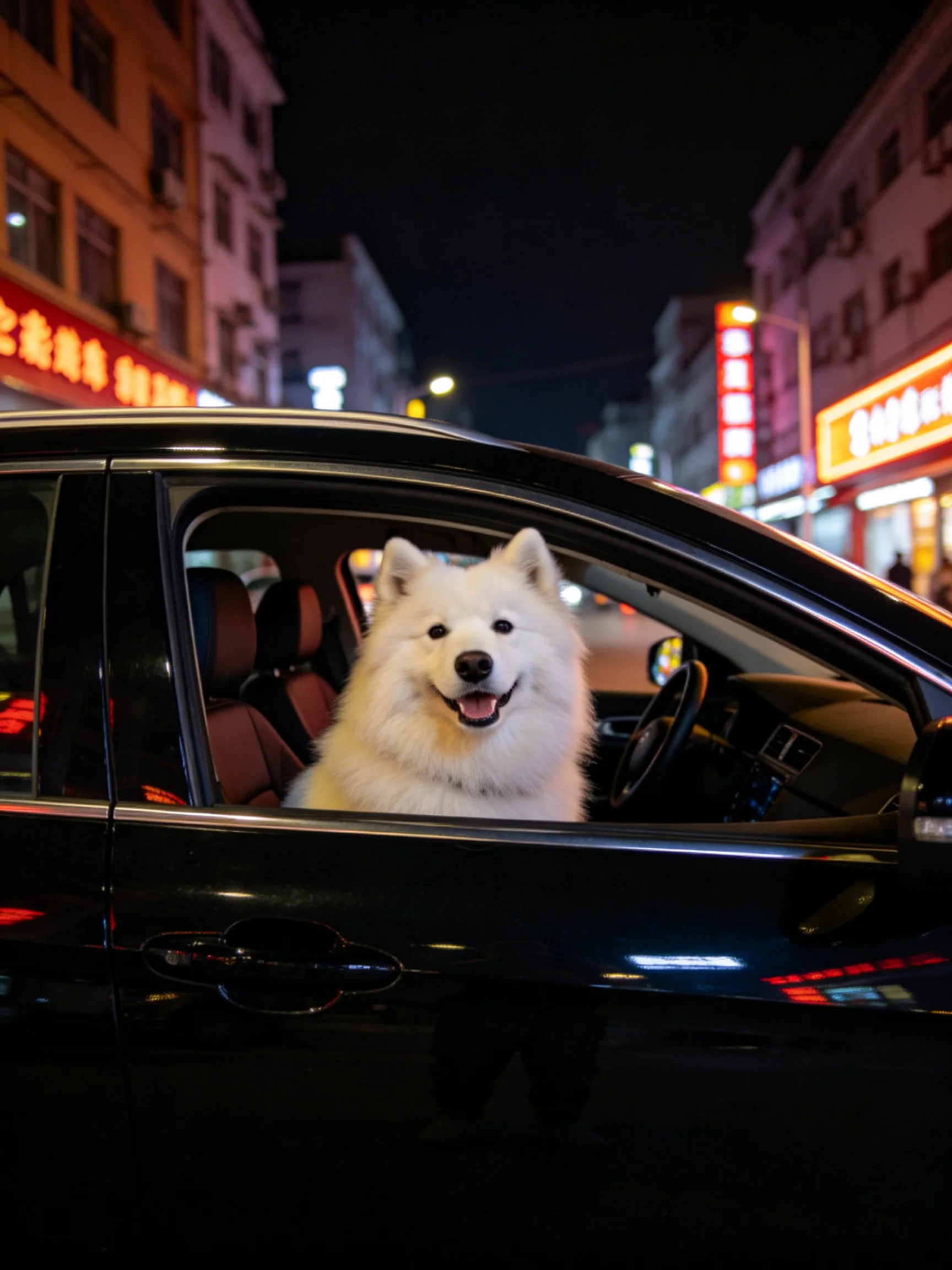 Fluffy white Samoyed peeks from black car window at nighttime street