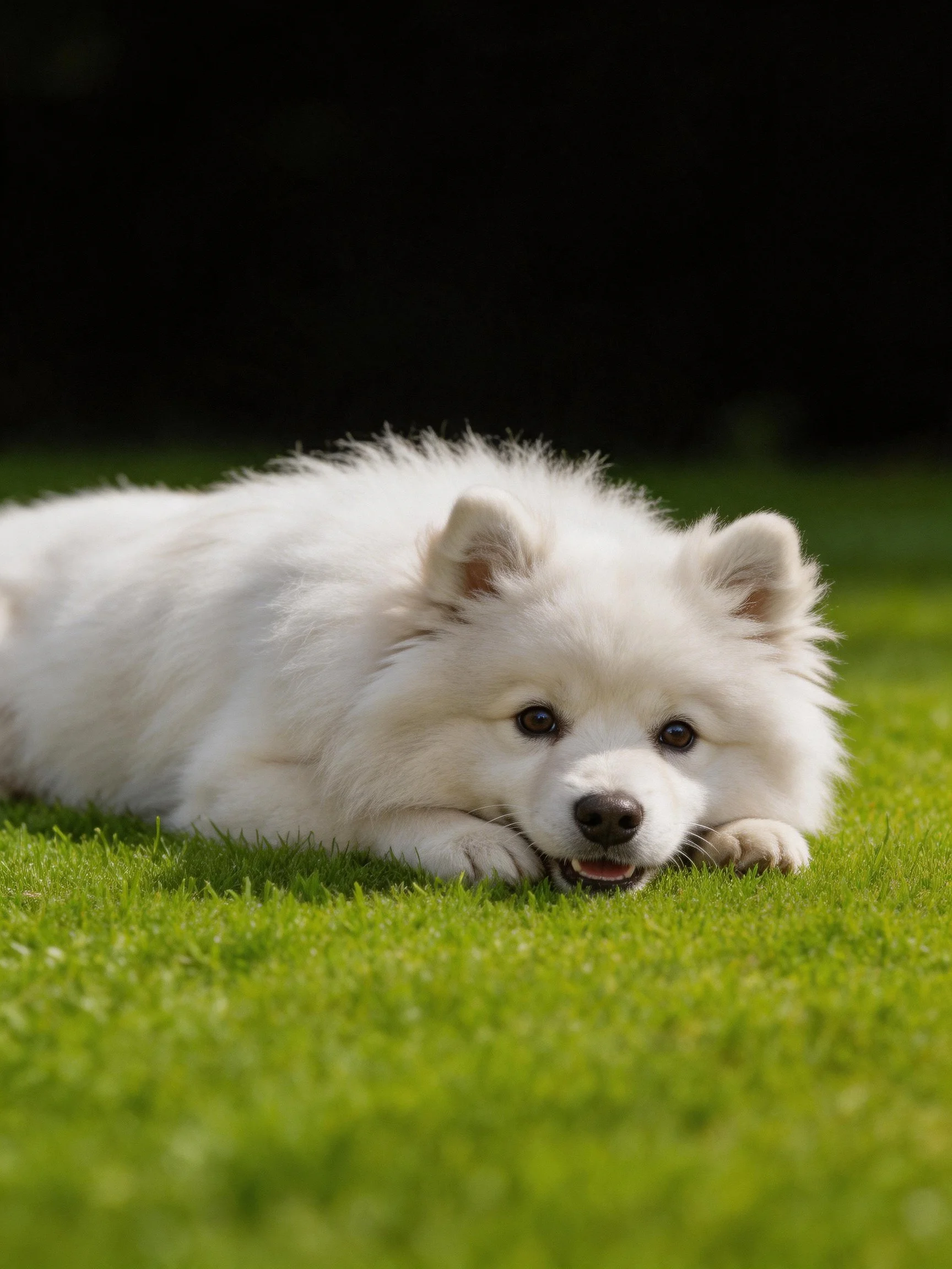 Fluffy white Samoyed resting on lush green grass