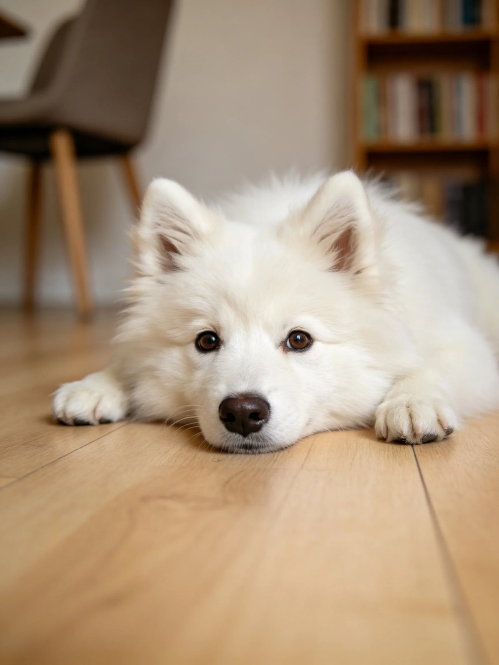 A fluffy white dog lies on a wooden floor indoors.