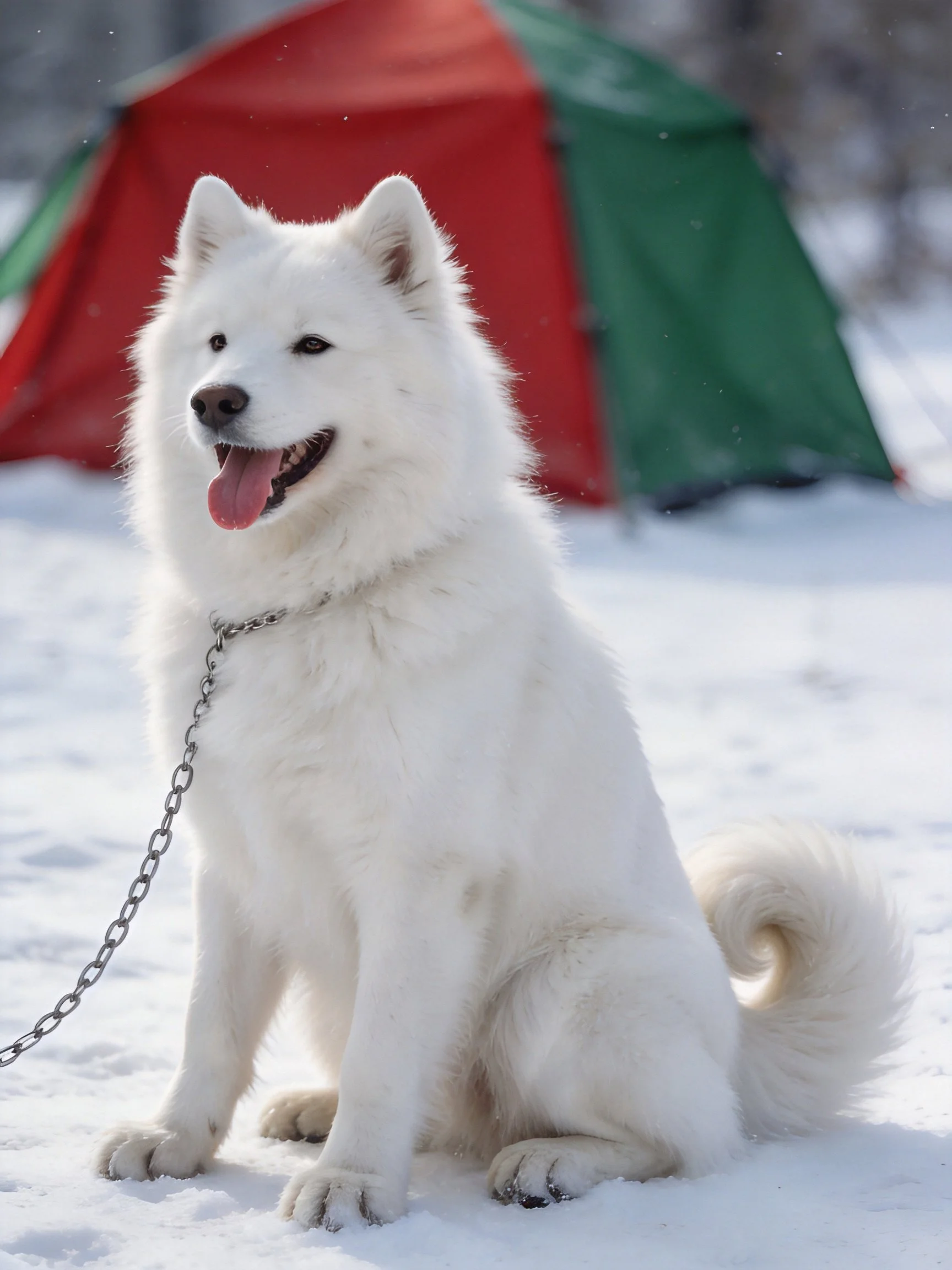 A fluffy white Samoyed sits near a red-green tent in the snowy outdoors.