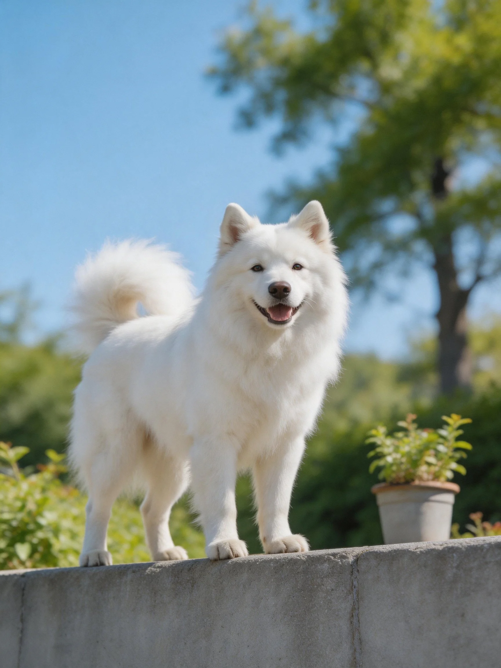 Fluffy white Samoyed stands on a concrete ledge in a sunny outdoor setting.