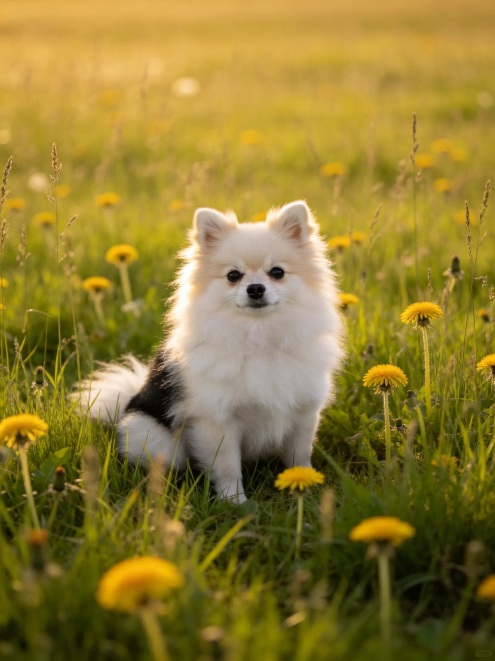 Small fluffy dog rests in a sunlit meadow with yellow flowers.