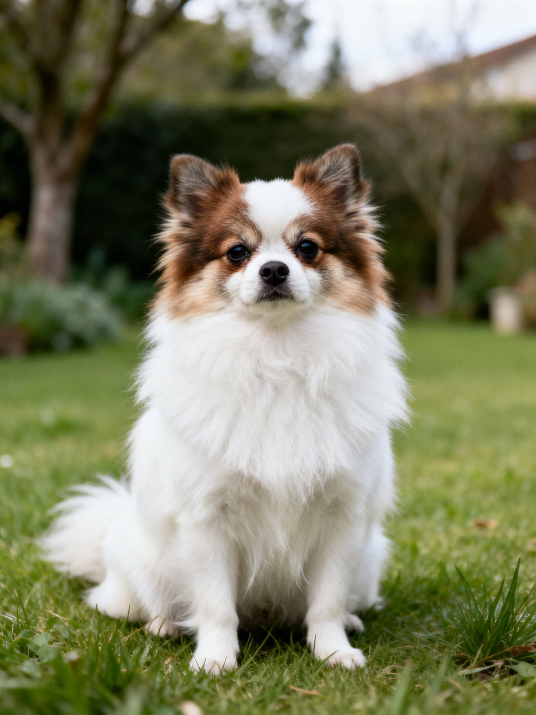A small dog with white and brown fur sits calmly on green grass in an outdoor setting.