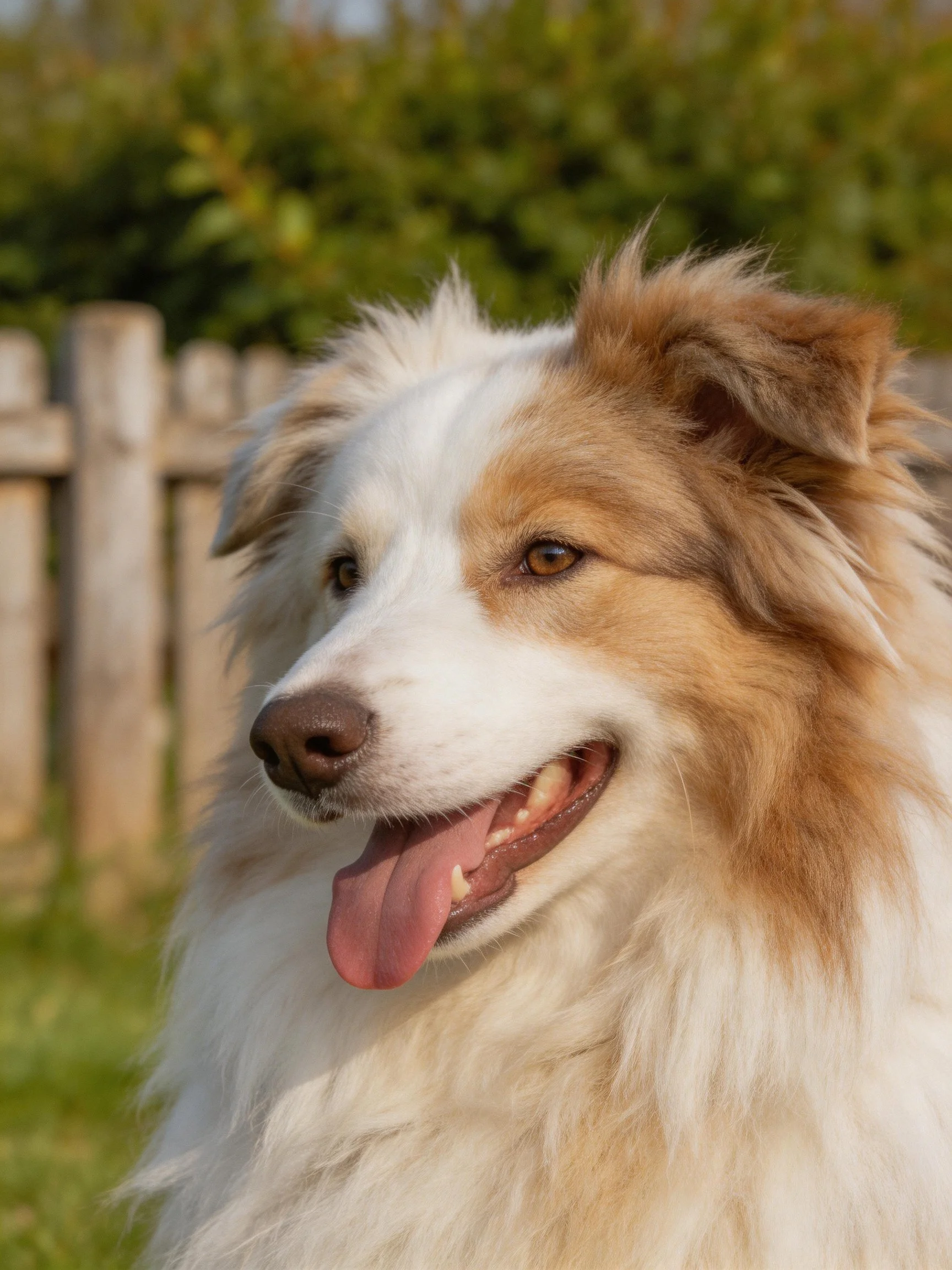 Fluffy white and tan dog panting near wooden fence and greenery