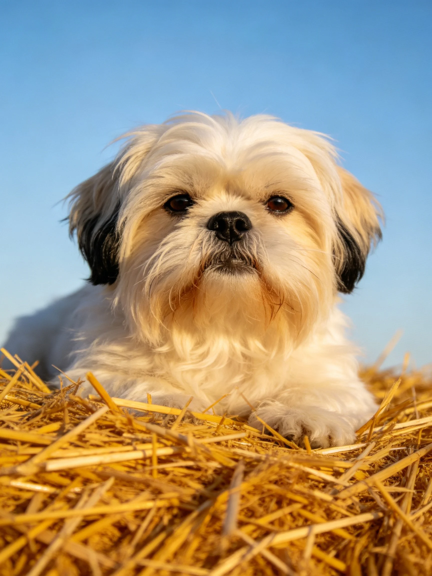 A small dog with long fur relaxes on straw near a blue sky.