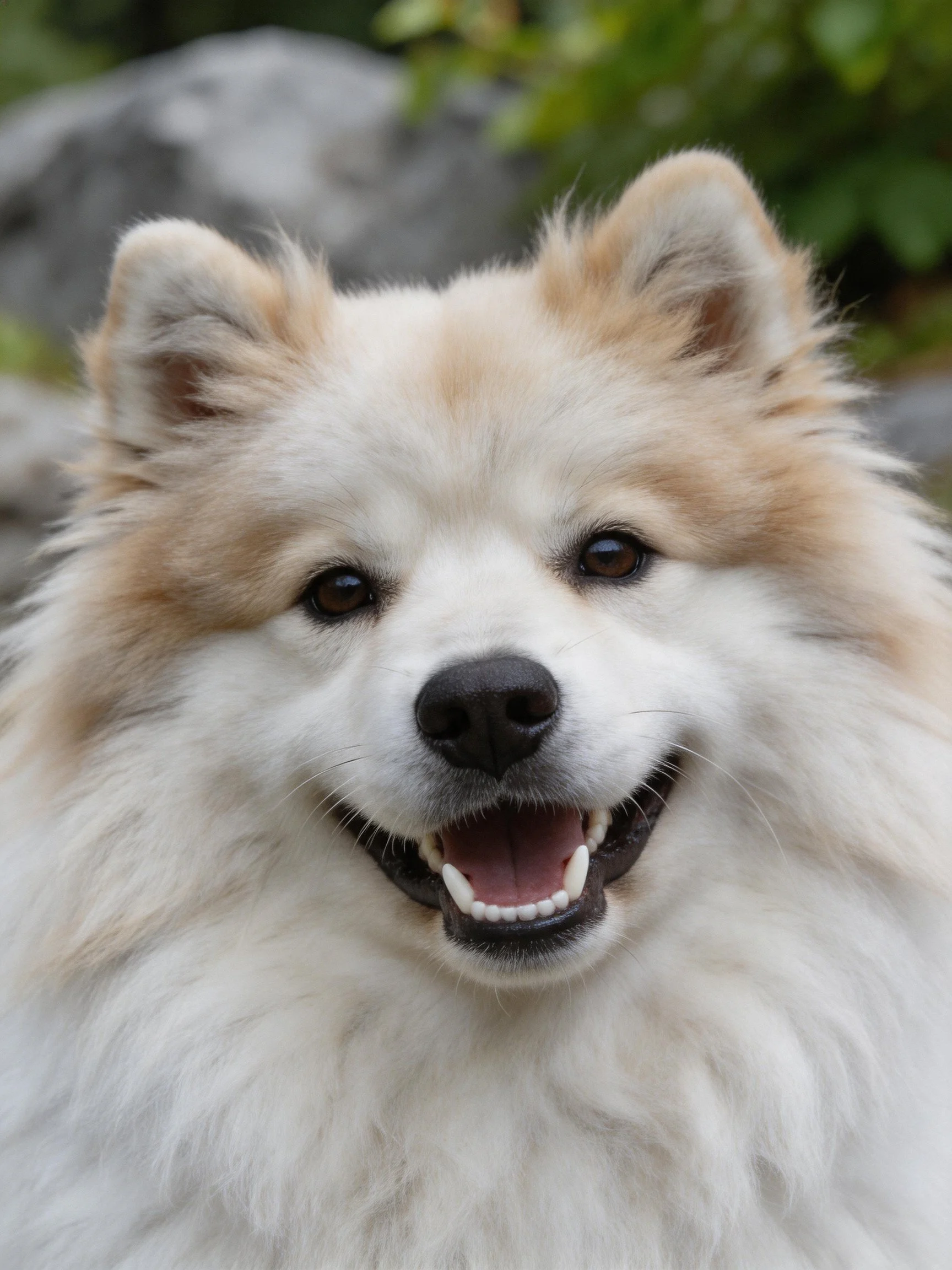 Fluffy white and tan dog smiling near rocky outdoor setting