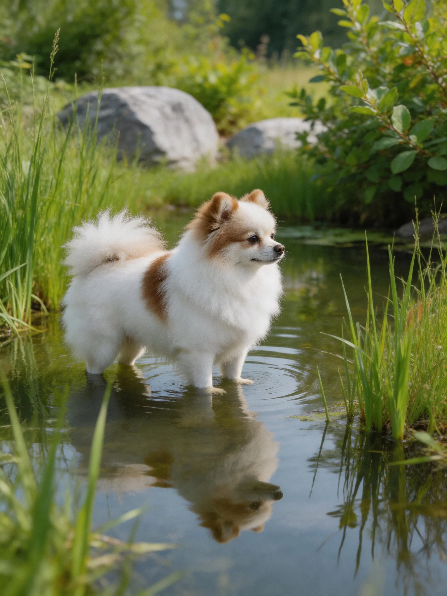 A small dog stands in a calm stream surrounded by lush vegetation.